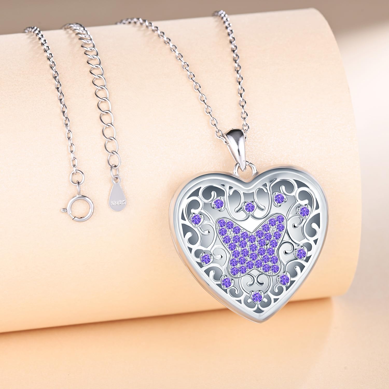Herz Medaillon zum Öffnen für Bilder Halskette Damen Silber 925 mit Zirkon: Schmetterling Foto Kette Skelett Bilder Anhänger Halskette-Vintage Amulett Schmuck-Geschenk für Frauen Mama Freundin Mädchen