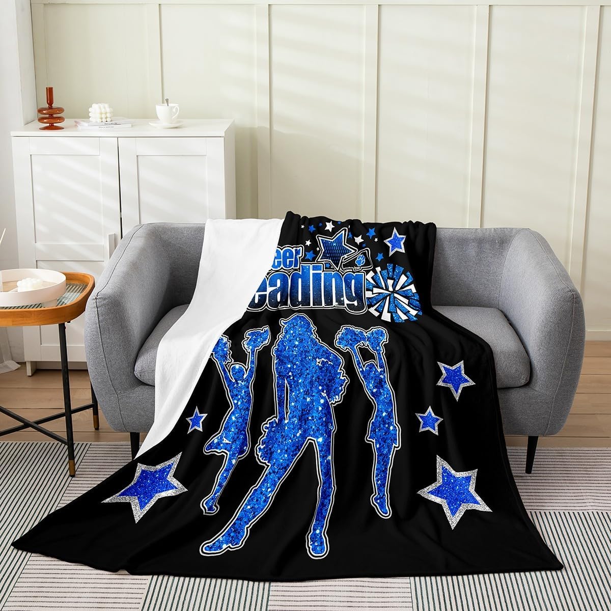 Homewish Cheerleading Themed Throw Blanket Twin 60x80 Cartoon Glitter Blue Stars Decor Fleece Blanket for Kids Girls Teens Cheerleaders Silhouette Dreamy Grily Flannel Blanket for Party Couch