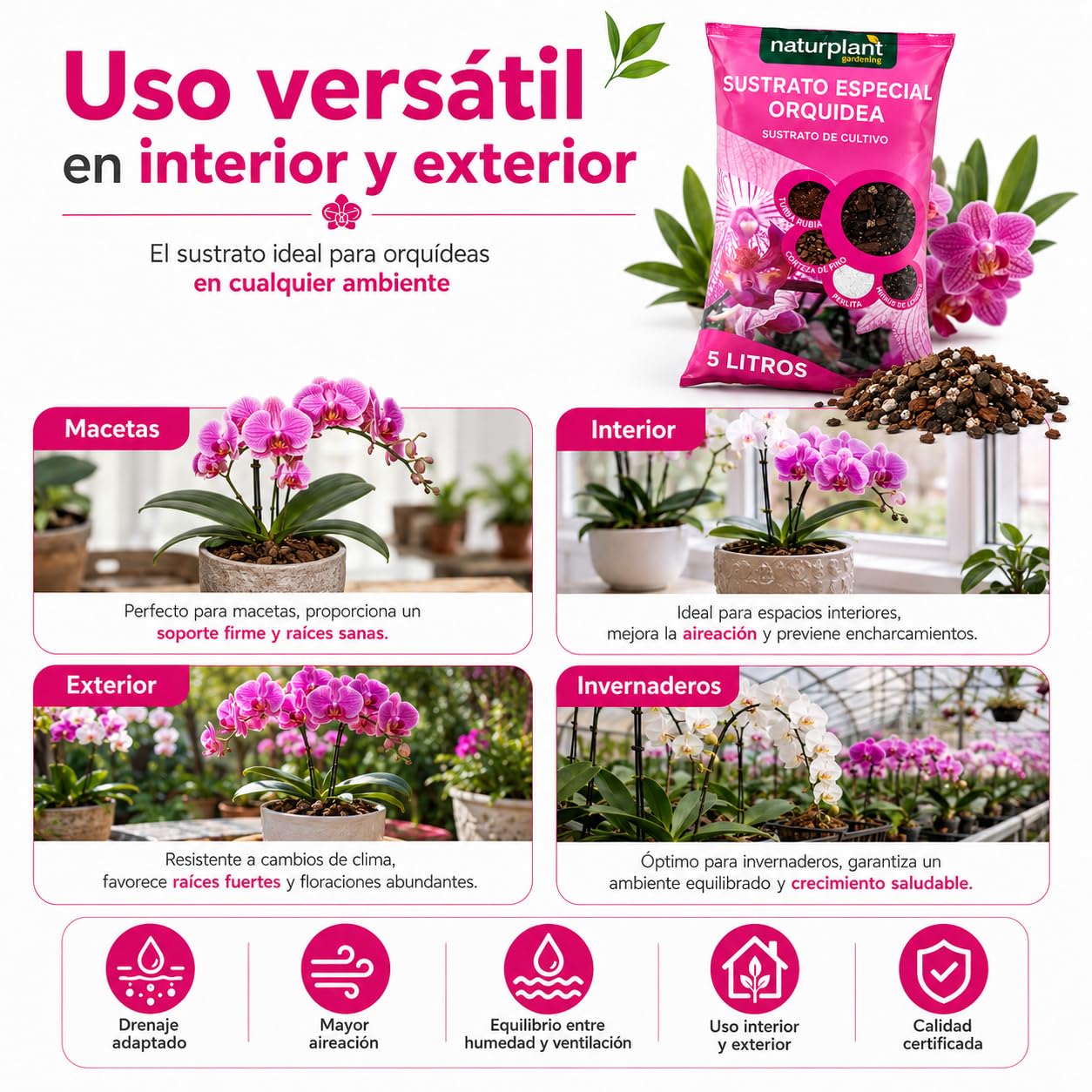 Sustrato Orquídeas terrestres o epifitas | Tierra para Plantas| Mantiene una aireación, Drenaje y retención Ideales para un Crecimiento óptimo | Pack 5 litros