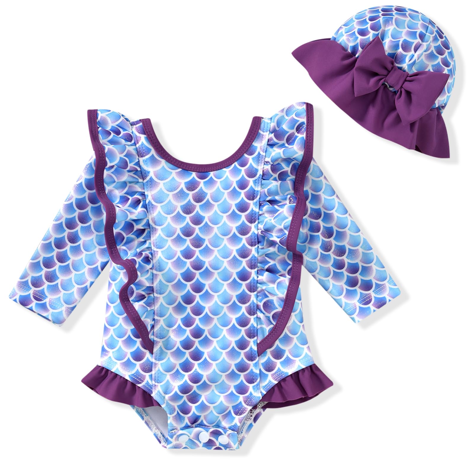 HINTINA Baby Girl One Piece Long Sleeve Ruffle Swimsuit with Hat