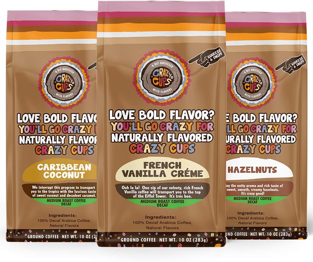 Crazy Cups Decaf Flavored Ground Coffee Variety Pack, Includes French Vanilla Crème, Caribbean Coconut,and Hazelnuts, in 10 oz Bags, For Brewing Flavored Hot or Iced Decaf Coffee, Variety 3 Pack
