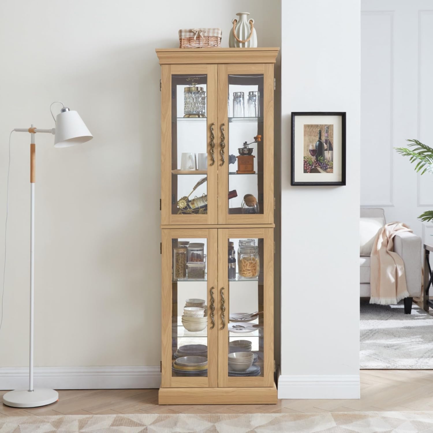 Lighted Glass Curio Display Cabinet,Adjustable Glass Shelves,Vintage Carved Handles,Illuminated Glass Display for Collectibles,MDF Wood Frame Display Cabinet for Living Room,Kitchen (Light Oak)
