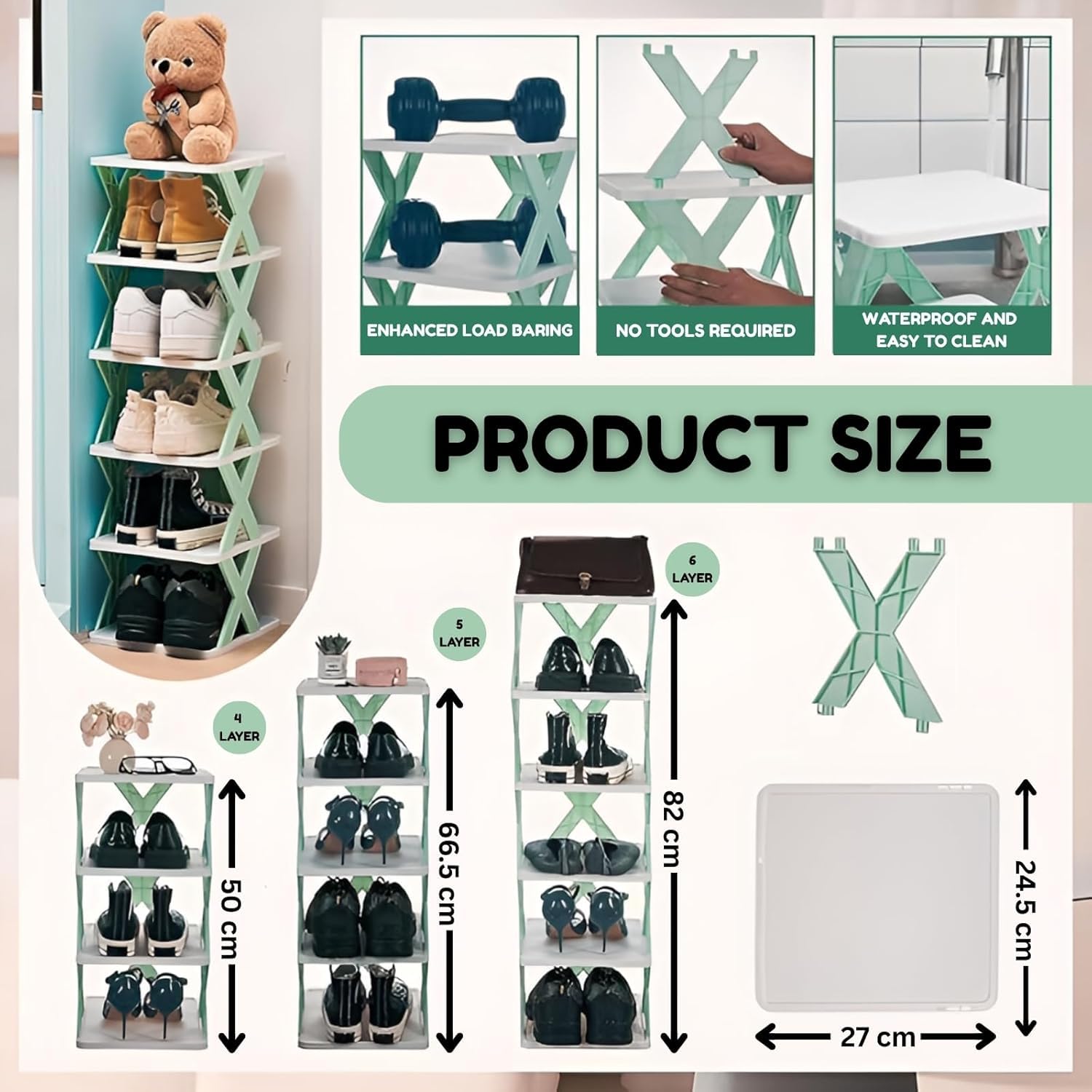 Plastic Shoe Rack, 6-Layer Stackable Organizer, Book Storage Shelf, Foldable Space-Saving Stand