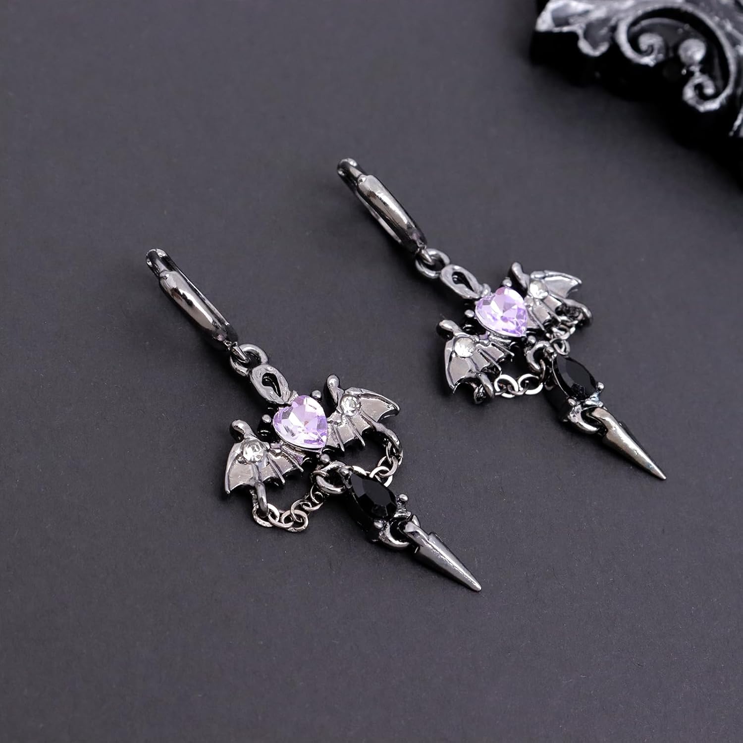 Halloween Silver Gray Gothic Bat Heart Rivet Pendant Dangle Earrings for Women, Goth Black Gemstone Punk Spike Drop Earings Accessories Prom Fashion Gift - Image 5