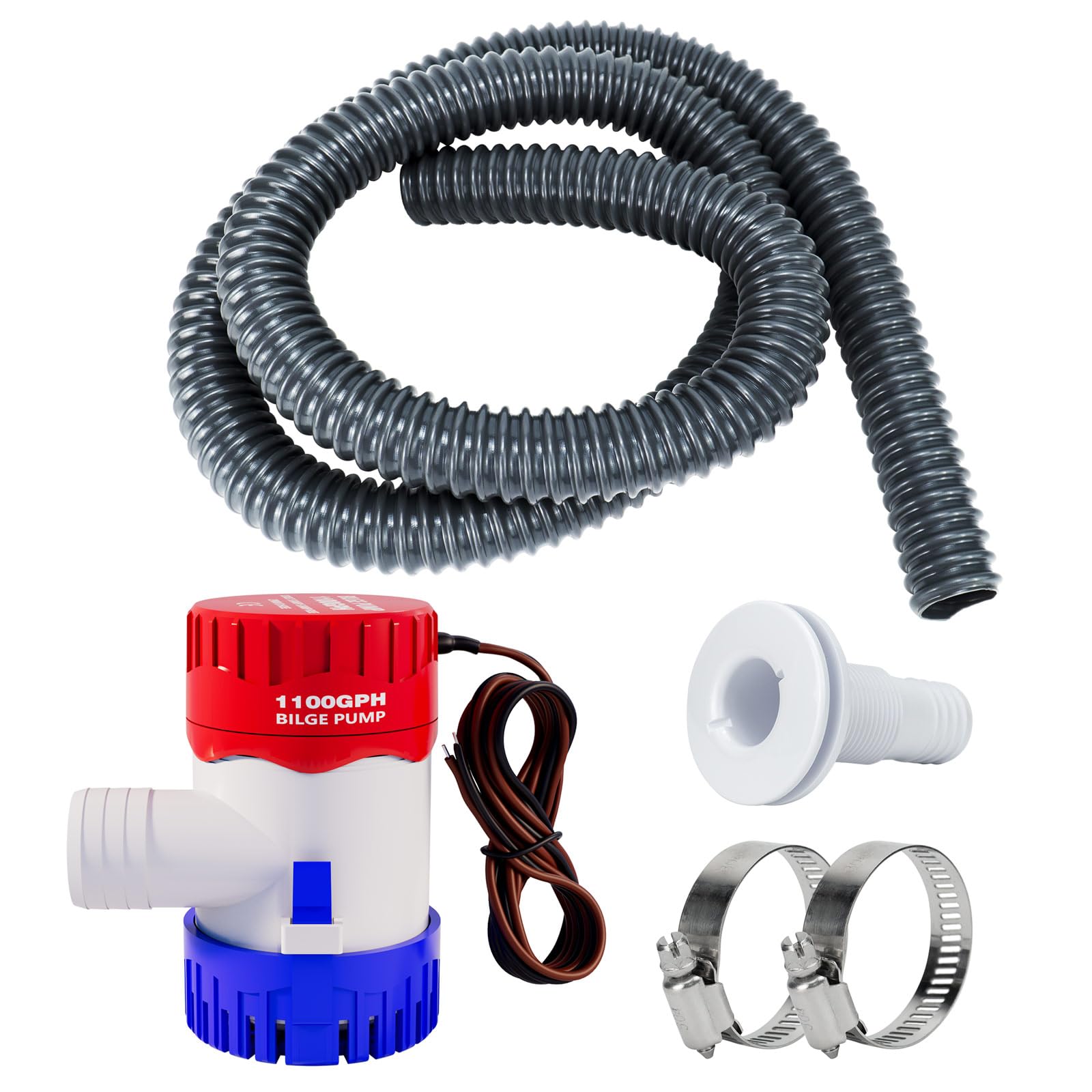 Sanuke 1-1/8 Inch Boat Bilge Pumping Kit, 1100gph Bilge Marine 12V Water Pump with 6 FT Kink-free PVC Hose, 2 Clamps and Thru-Hull Fitting, Submersible Bilge Pumps for Boats Kayak Cruisers
