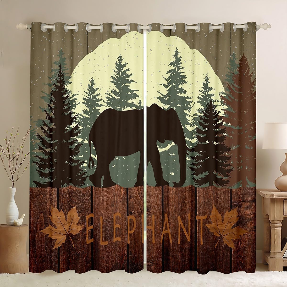 Elephant Window Curtains Wild Animal Jungle Pine Trees Window Drapes for Kids Teens Adults Brown Wooden Stripes Rustic Style Curtains for Living Room 2 Panels 52Wx90L