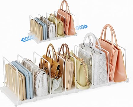 Dmevkic Extendable Purse Organizers Purse Storage. Length 16-28 in. Bag Organizer Purse Holder for Closet with 8 Adjustable Shelf Dividers Patent Pending