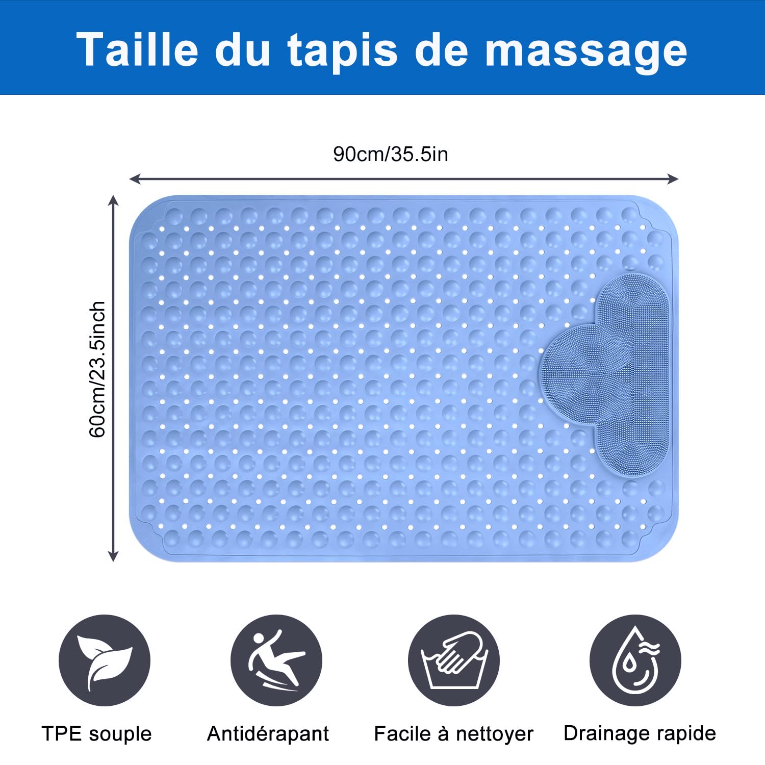 Tappetino da doccia antiscivolo 60 x 90 cm, grande tappetino da doccia in TPE, tappetino da bagno con ventose e fori di drenaggio, tappetino da bagno massaggiante per i piedi, morbido al tatto (blu)