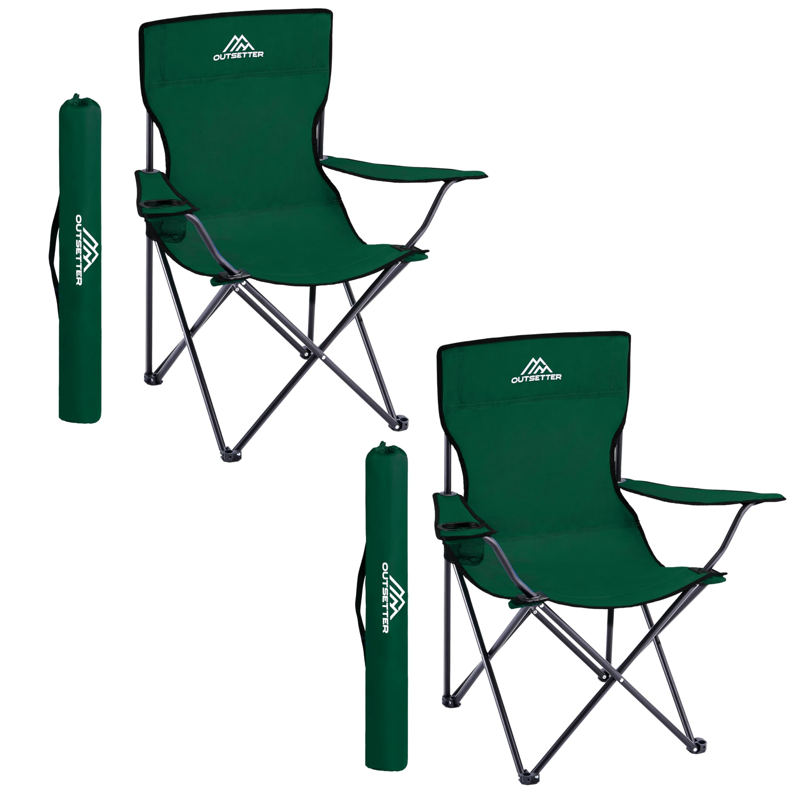 Set of 2 Camping Chairs | Lightweight Folding | Portable Chair for Outdoors | Cup Holder | Storage Cover | Outdoor Leisure Chair Durable with Arm Rest for the Beach, Lawn and Fishing Trip Garden Green