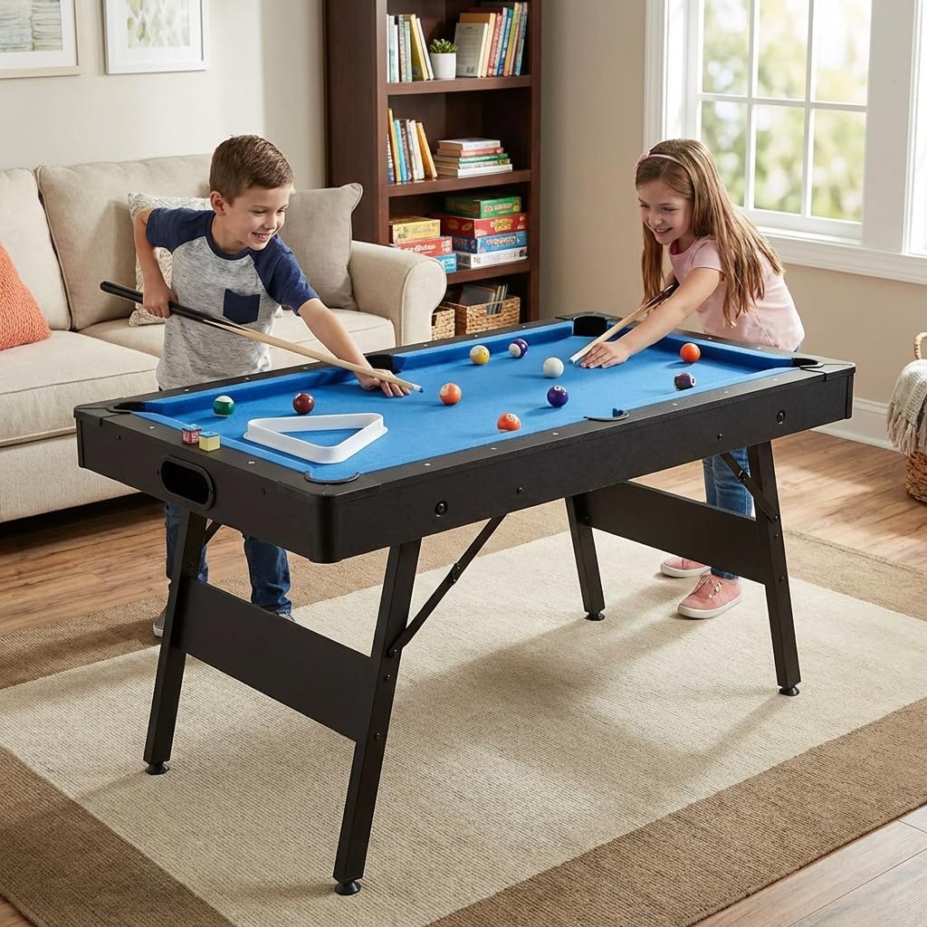 6 ft Foldable Pool Table with Steel Frame, Children's Pool Table, Billiard Game Table with Safety Anti Collapse Locks for Kids Includes Full Set of Balls, 2 Cue Sticks, Chalk and Felt Brush