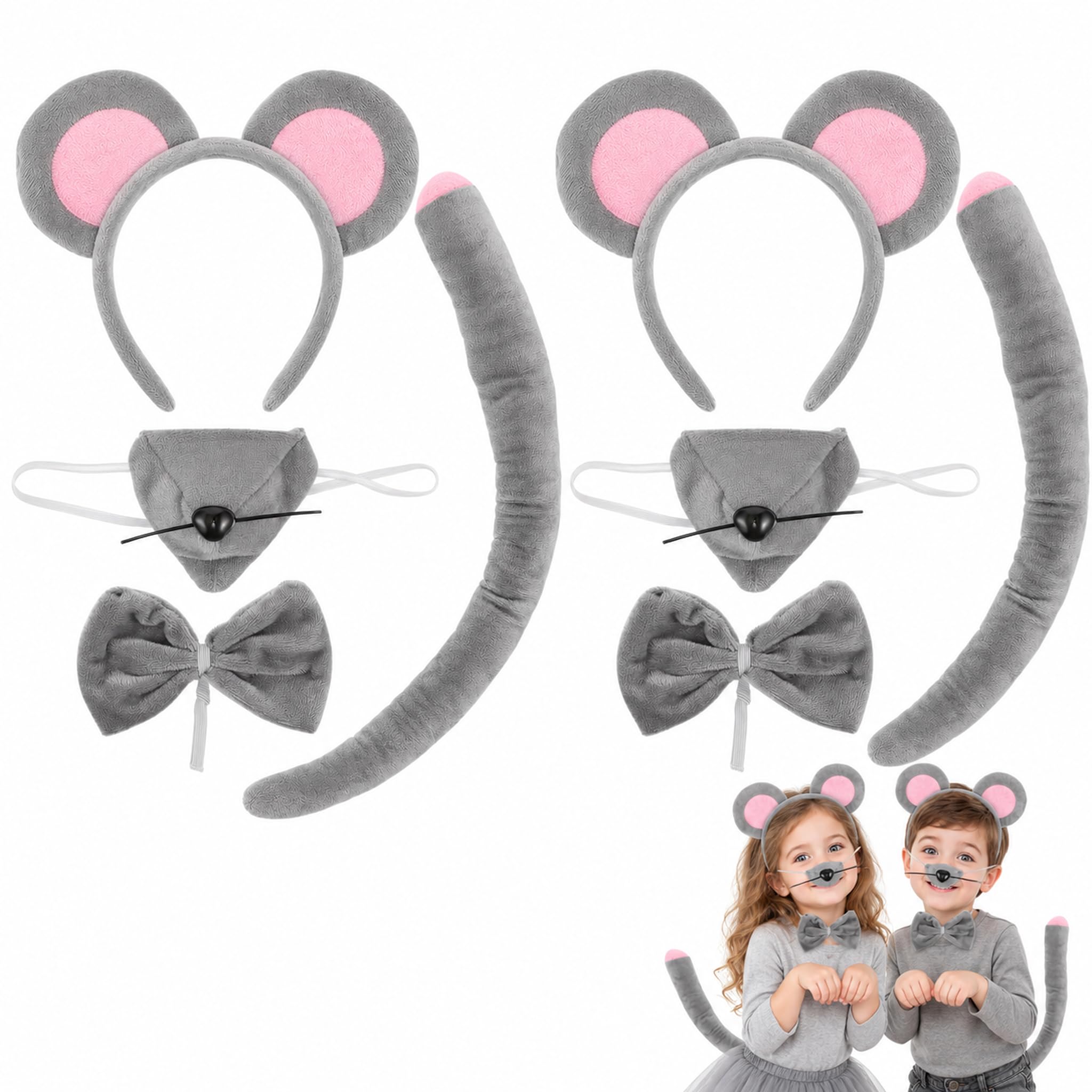 8Pcs Mouse Costume Set, 2 Grey Ears Tail Nose Bow Tie Sets for Halloween