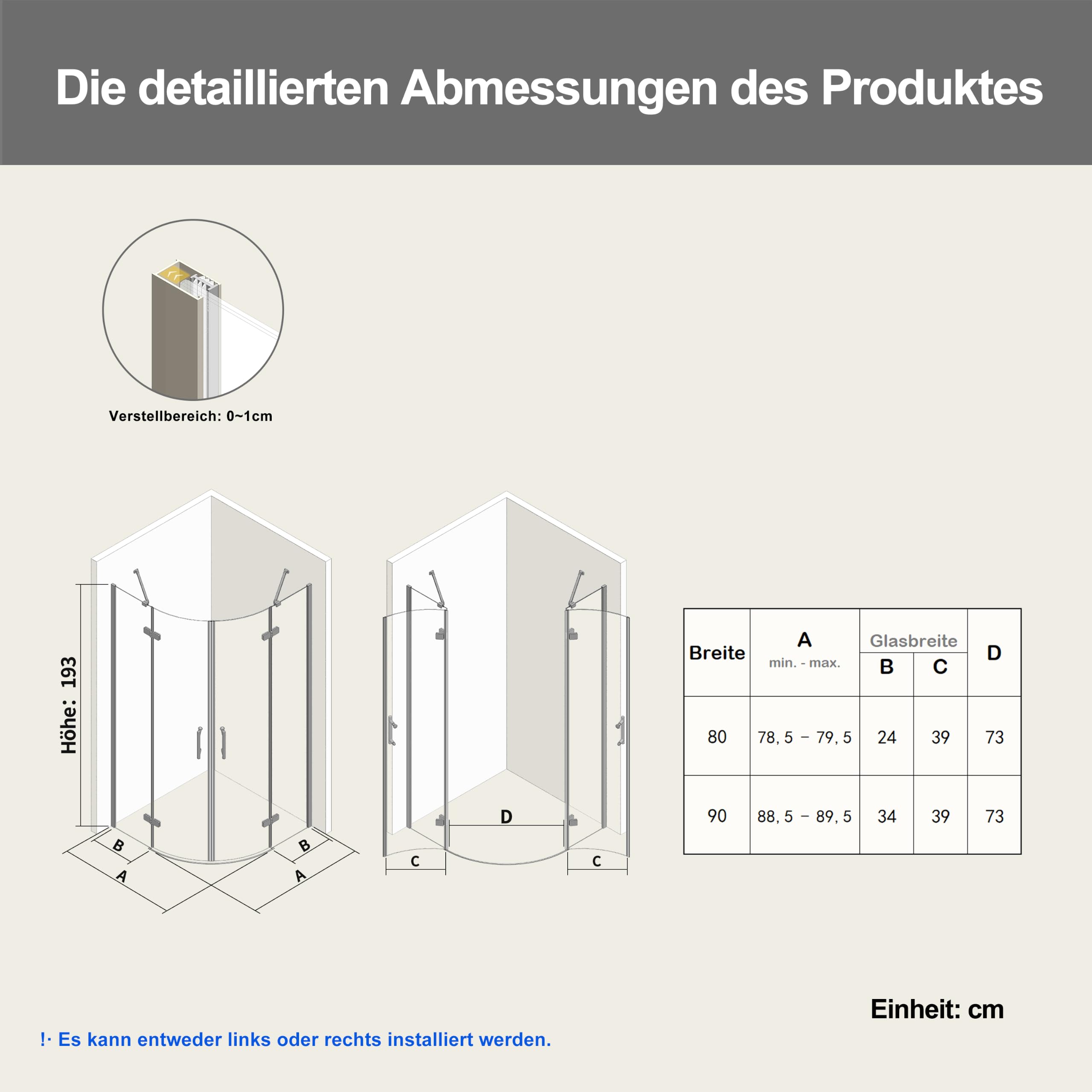 Halbrunde Duschkabine 90x90x193 cm mit Falttür Duschabtrennung Eckeinstieg