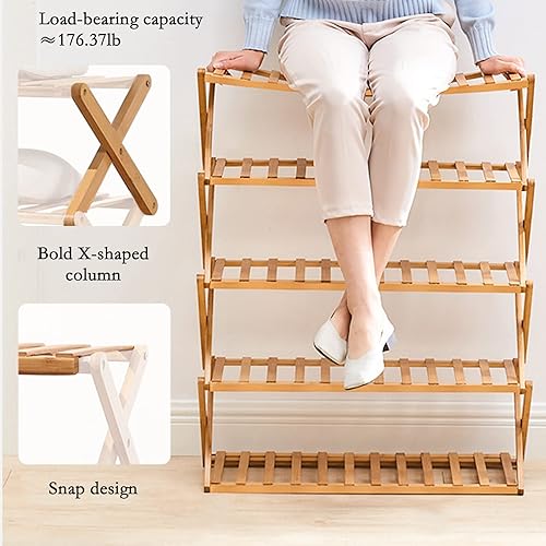 Miniatura 5 de Kwude Zapatero de 2 a 5 niveles, organizador de zapatos de bambú plegable de múltiples niveles, estante multifuncional para zapatos de pie (2