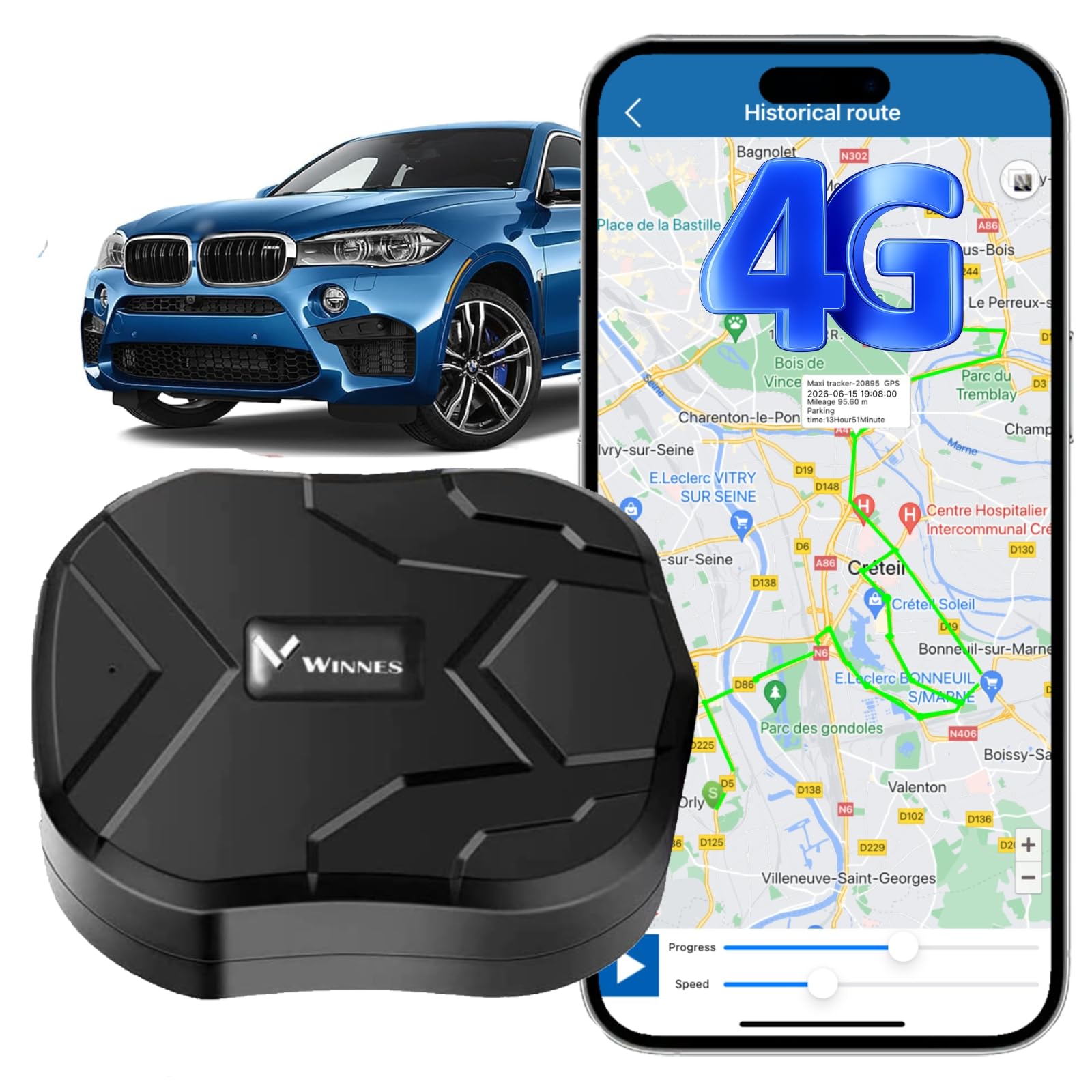 4G GPS Tracker per Auto Localizzatore GPS per auto 10000mah Impermeabile IP67 APP Compatibile iOS e Android,Antifurto,Geo-fence,Tracking in Tempo Reale per Veicolo,Camion,Winnes 4G TK905B