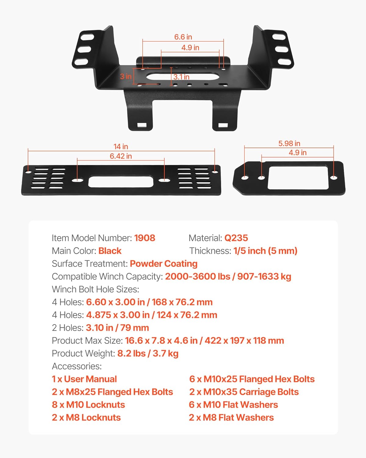 VEVOR Winch Mount, Winch Capacity of 2000-3600 lbs, Trailer Hitch Winch Mount for Select Polaris Ranger Models (2010-2021), 3 Mounting Hole Design, Powder Coated Steel, Fit for Muddy Road Rescue