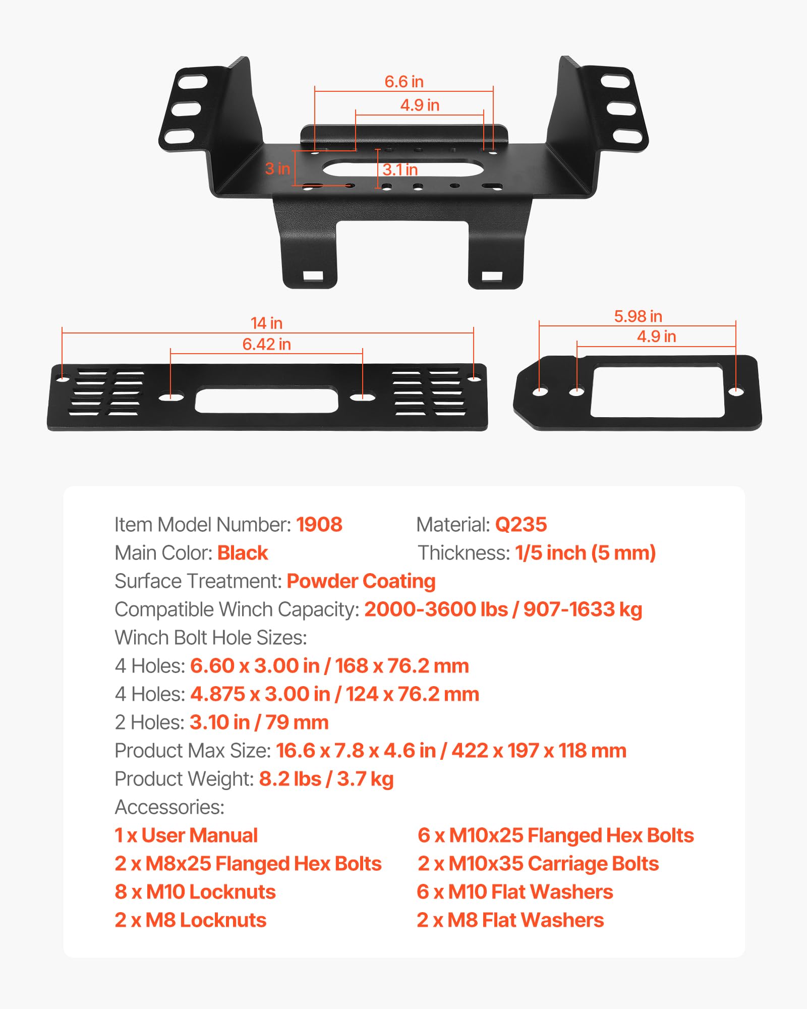 VEVOR Soporte de Cabrestante, Soporte de Enganche de Remolque para Modelos Selectos de Polaris Ranger (2010-2021), Diseño de 3 Orificios Capacidad de 907-1633 kg para Asistencia en Carretera