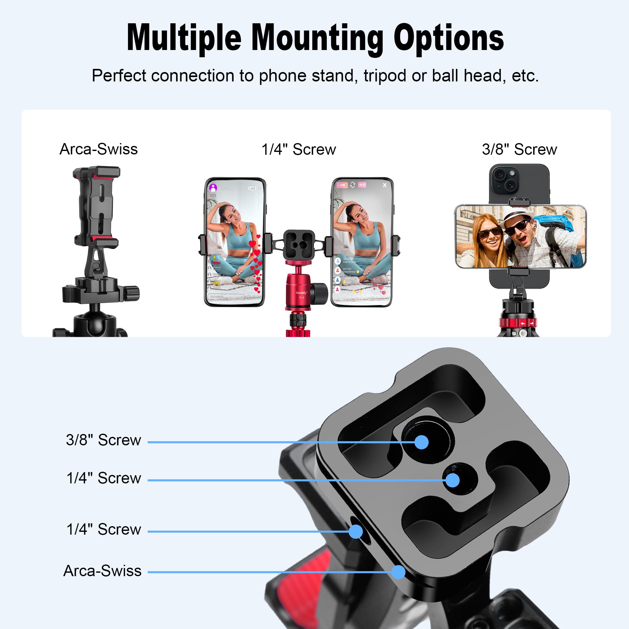 Manbily Soporte de trípode para teléfono, adaptador de metal para smartphone con soporte doble para teléfono, giratorio de 360°, abrazadera de clip ajustable compatible con teléfonos celulares iPhone,