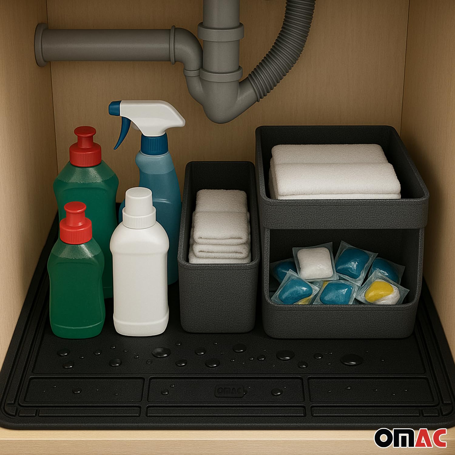 OMAC Black Under Sink Cabinet Protection Mat Waterproof Raised Edge