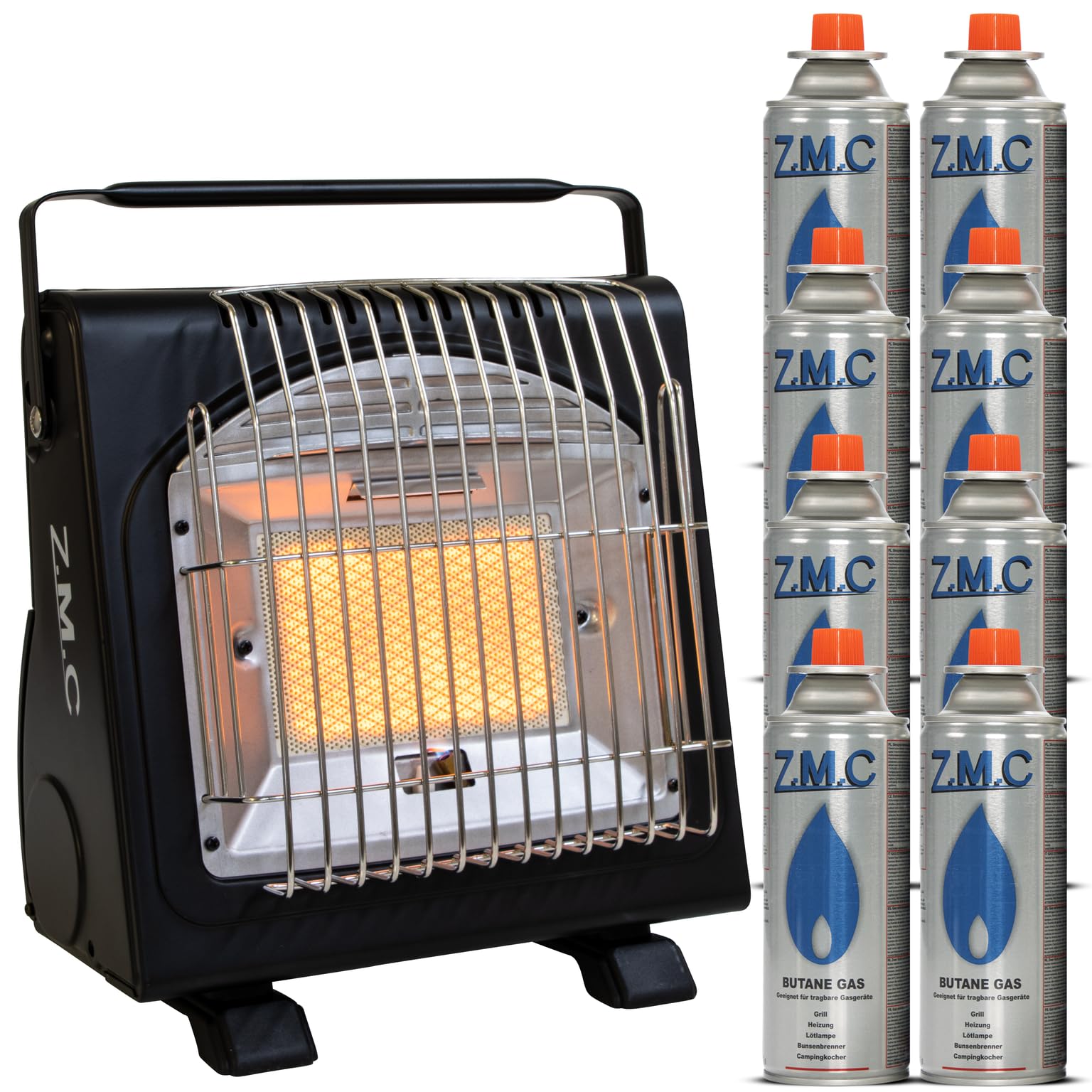 Z.M.C 2-in-1 Tragbare Gasheizung und Gaskocher + 8 Gaskartuschen 227g, Camping Heizung 1,7 kW, perfekte Wärmequelle ohne Strom, Gasheizer für Outdoor, Terrassen, mobile Heizstrahler mit Piezozündung