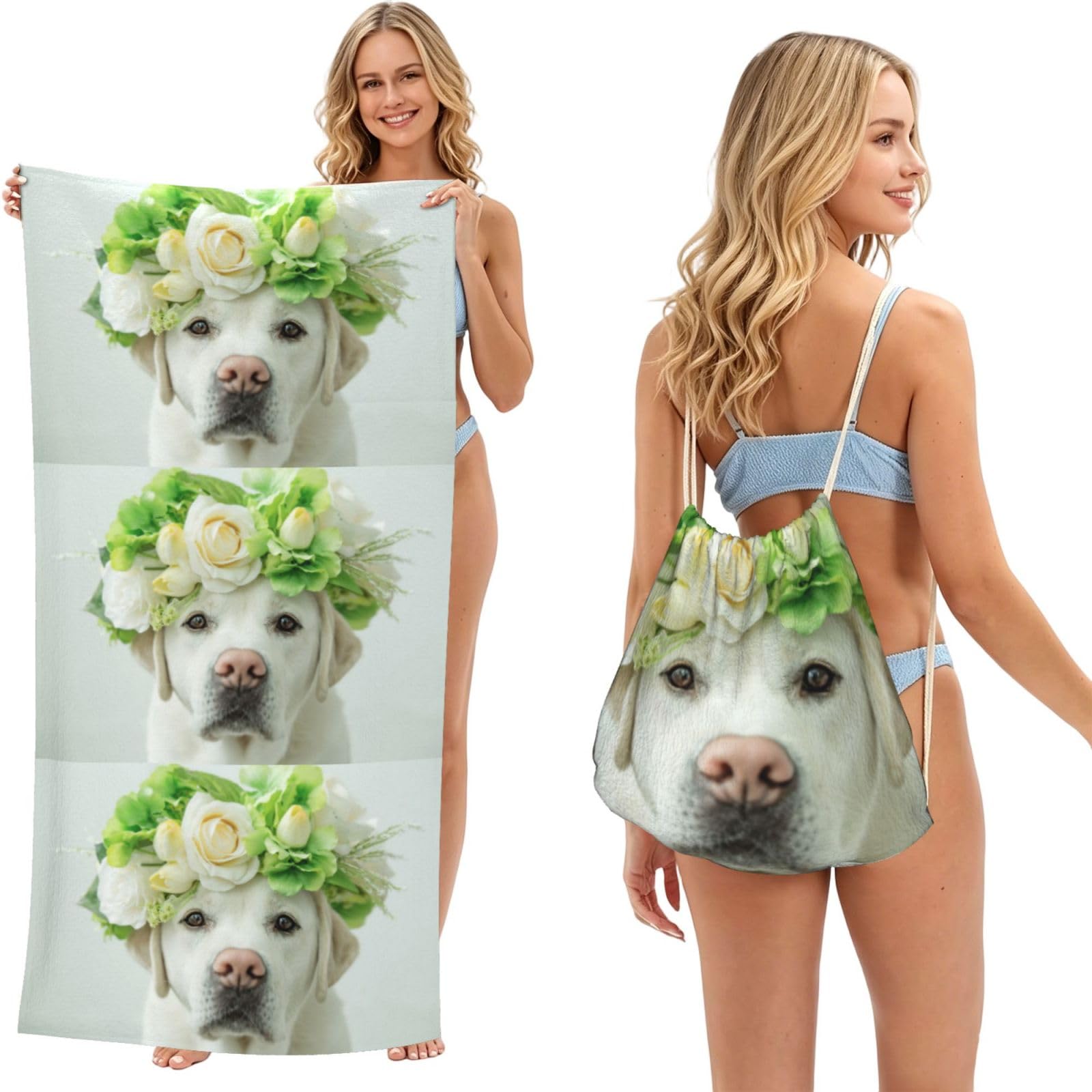 Poadnly As Picture Funny Labrador Retriever Puppy, 2 In 1 Packable Towel Bag, Beach Towels With Drawstring Backpack For Travel Holiday Camping
