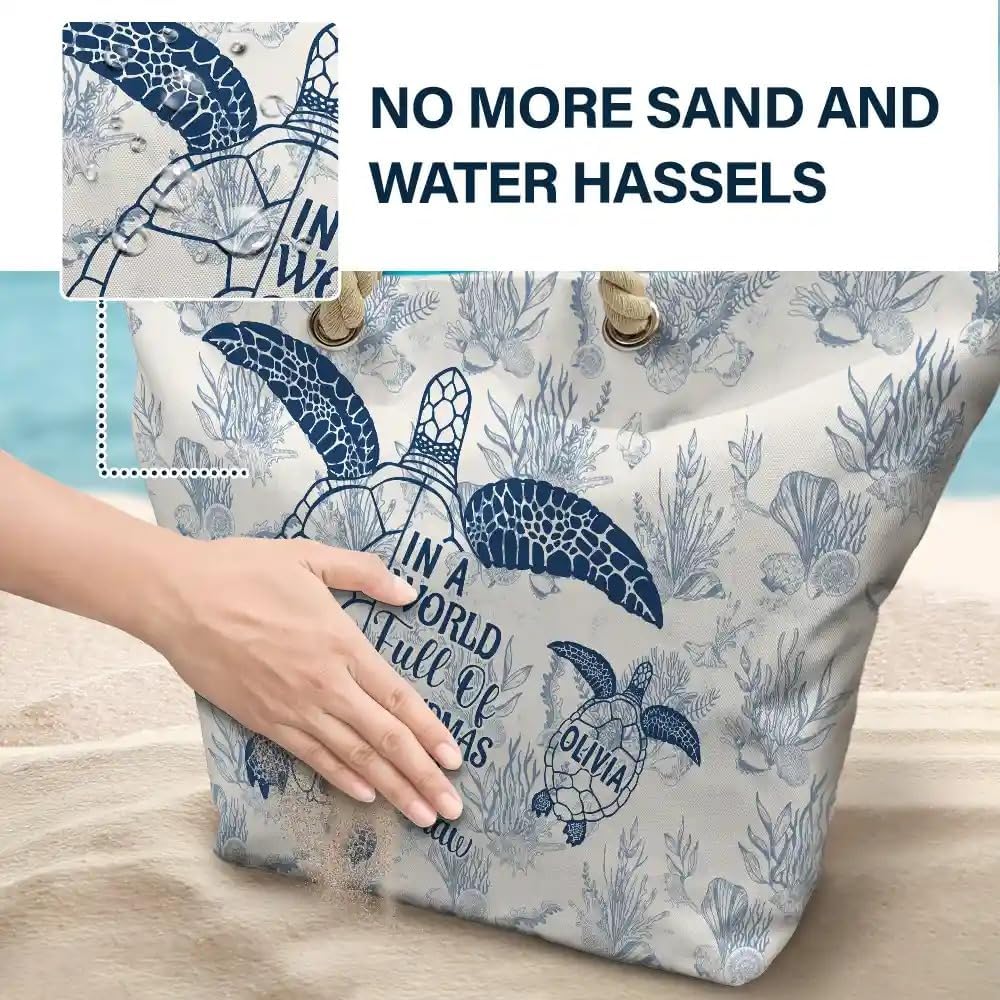 In A World Full of Grandmas Be A Nana, Nana Toile De Jouy Beach Bags, Personalized Grandma Turtle Beach Bag, Beach Holiday Bag for Nana, Grandma Beach Bag with Grandkid's Name, Nana Christmas Gifts