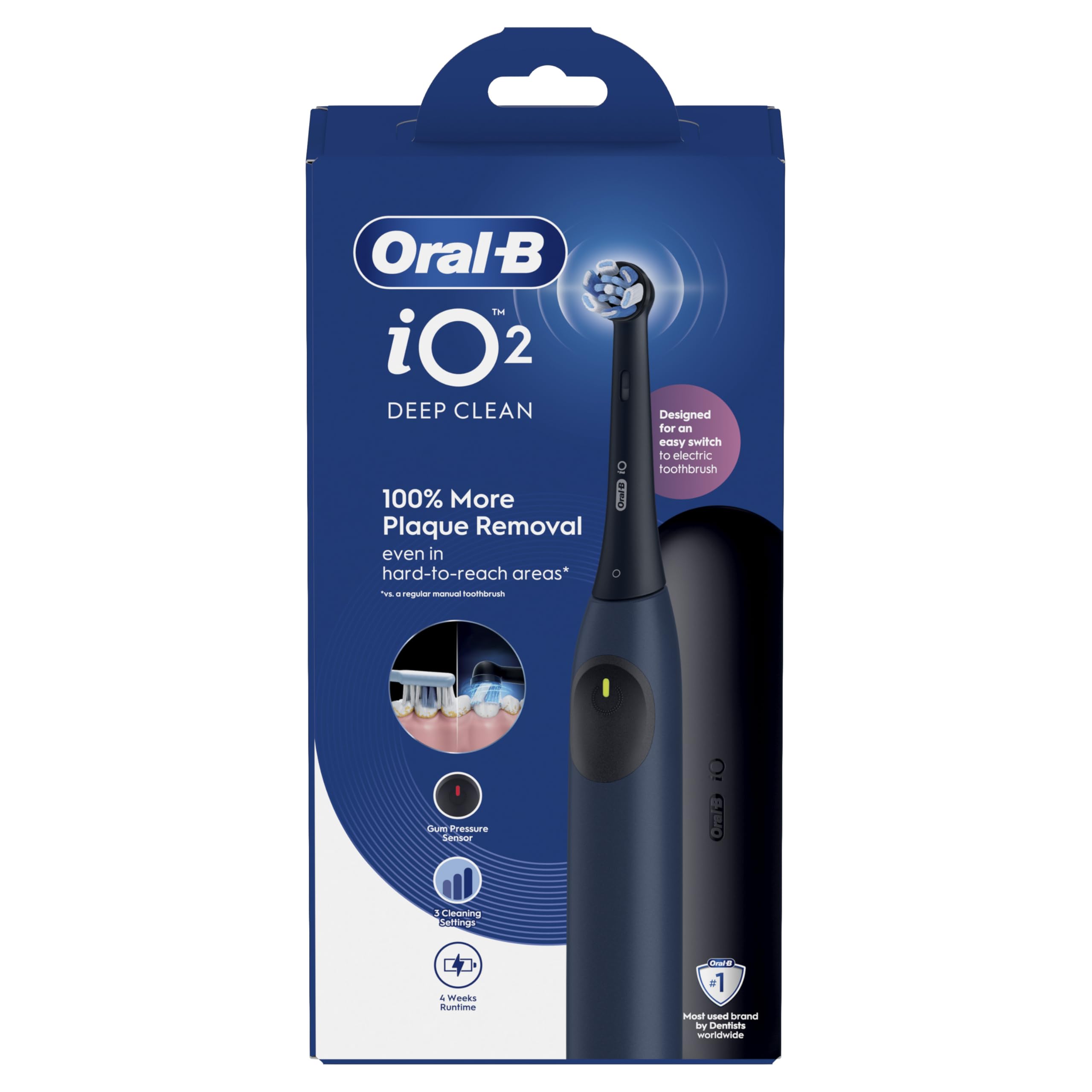 Oral-B iO 2 Cepillo de Dientes Eléctrico Azul Mar, 1 Cabezal, 1 Estuche De Viaje, 3 Modos De Cepillado, Sensor De Presión y Temporizador, Diseñado por Braun, Edición Limitada