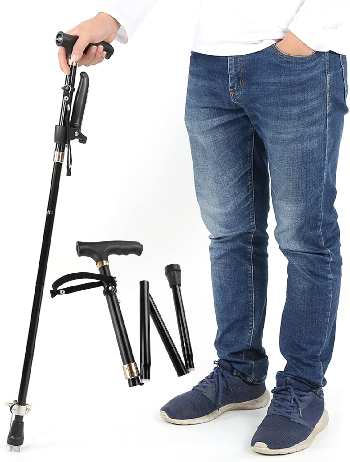 Walking Stick with Led Light, Folding Anti Slip Height Adjustable