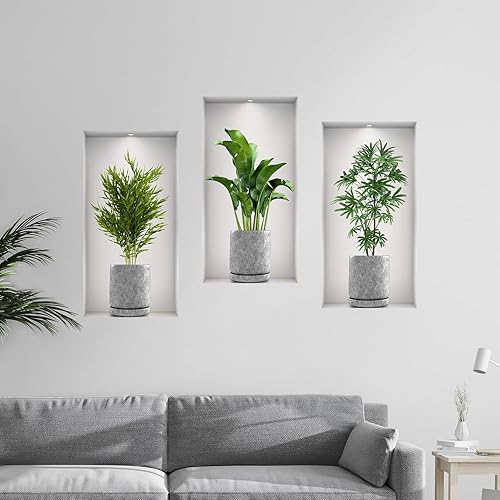 Miniatura 8 de Calcomanías de pared 3D de plantas verdes en maceta, 3 piezas de vinilo vegetal, hojas, calcomanías de pared creativas autoadhesivas para decoración