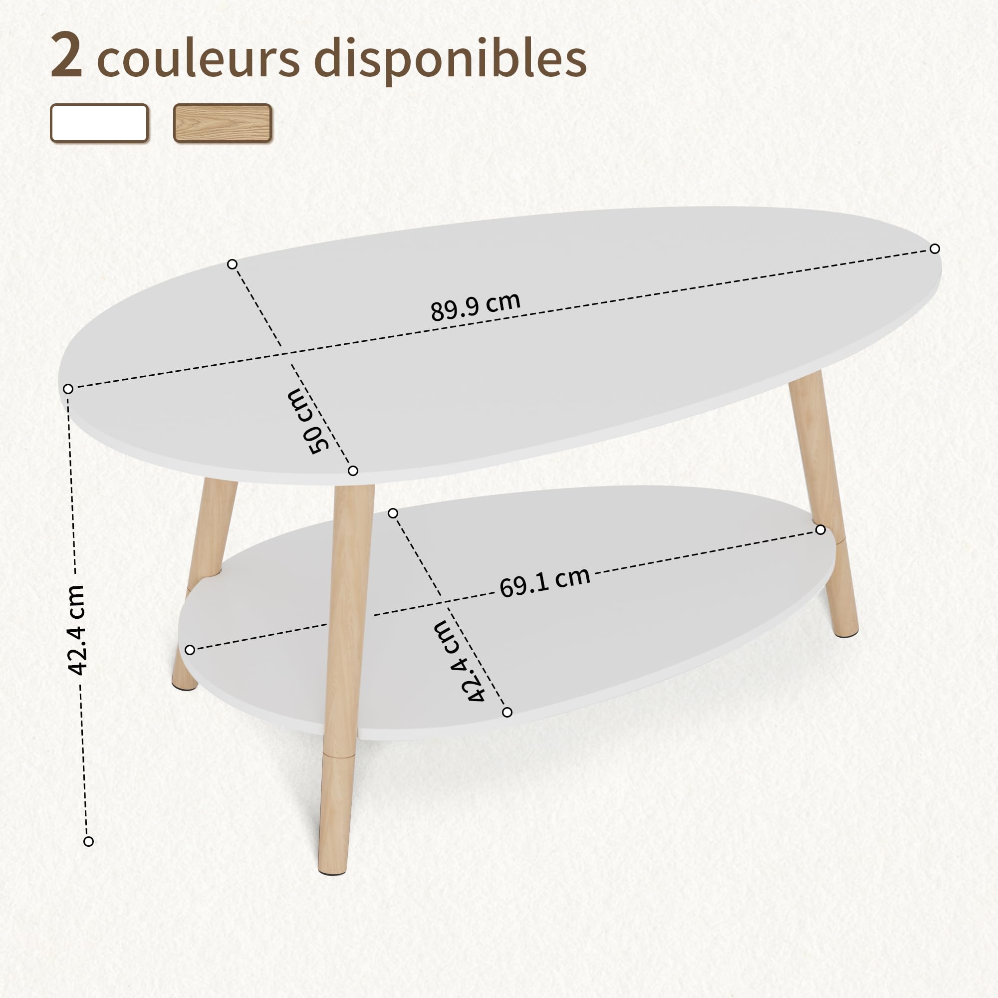 BonVache Table de Thé en Bois Massif, Table de Salon Ovale à Double Niveau, Table Ronde pour Salon, Table Basse, Table d'Appoint, Table à Thé, Blanc