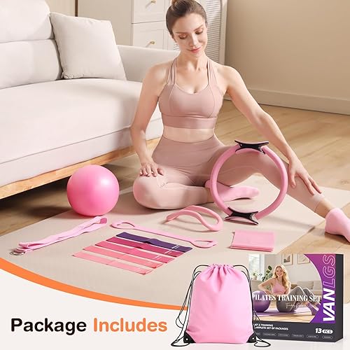 Miniatura 8 de Pilates Kit 13Pcs Home Pilates Essentials Workout Kit with 13" Ring, 10" Ball and Resistance Bands for Women at Home Pilates Equipment Set for