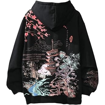 Y2K Hoodie for Men Women Japanese Harajuku Hooded Sweatshirt Sakura Temple Korean Long Sleeve Thick Fleece Loose Tops Pullover
