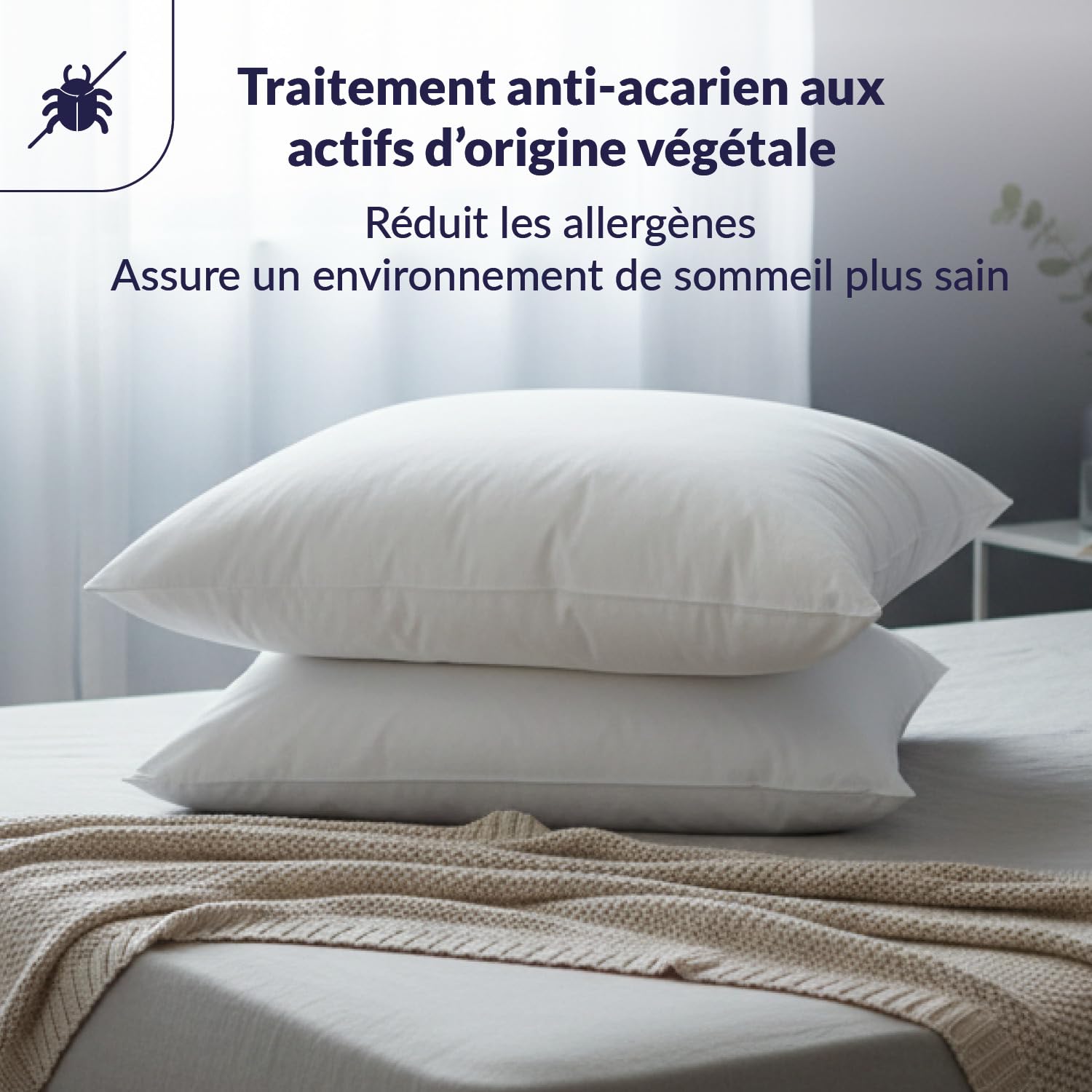 DODO - Lot de 2 Oreillers Anti-Acariens 60x60 cm - Confort Médium, Finition Bourdon - Enveloppe 100% Polyester - Garnissage Synthétique 100% Polyester Circul'Air - Lavable en Machine à 40°C