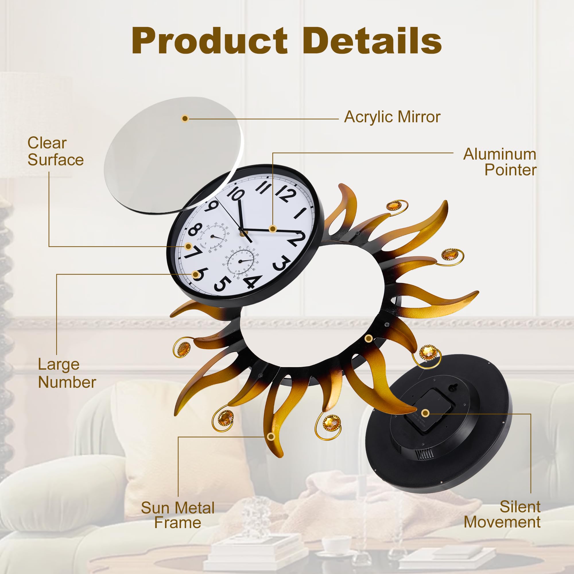 Reloj de pared para exteriores con termómetro e higrómetro, 20 pulgadas, impermeable, silencioso, sin tictac, decoración grande para dormitorio, baño y piscina