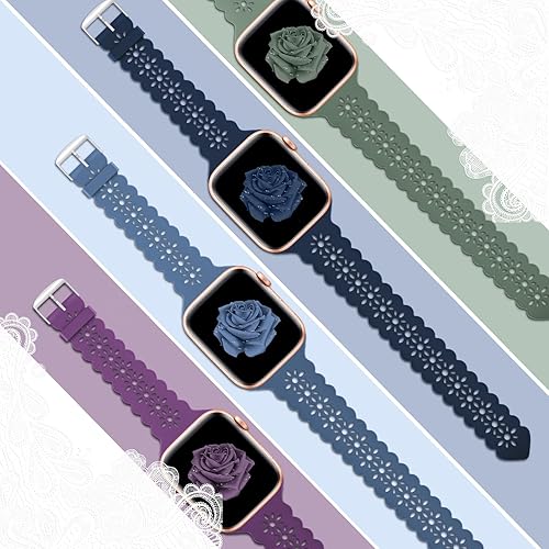Miniatura 3 de Bandiction - Paquete de 4 correas de silicona de encaje compatibles con Apple Watch de 38mm 40mm 41mm 42mm 44mm 45mm 46mm 49mm, correa delgada y