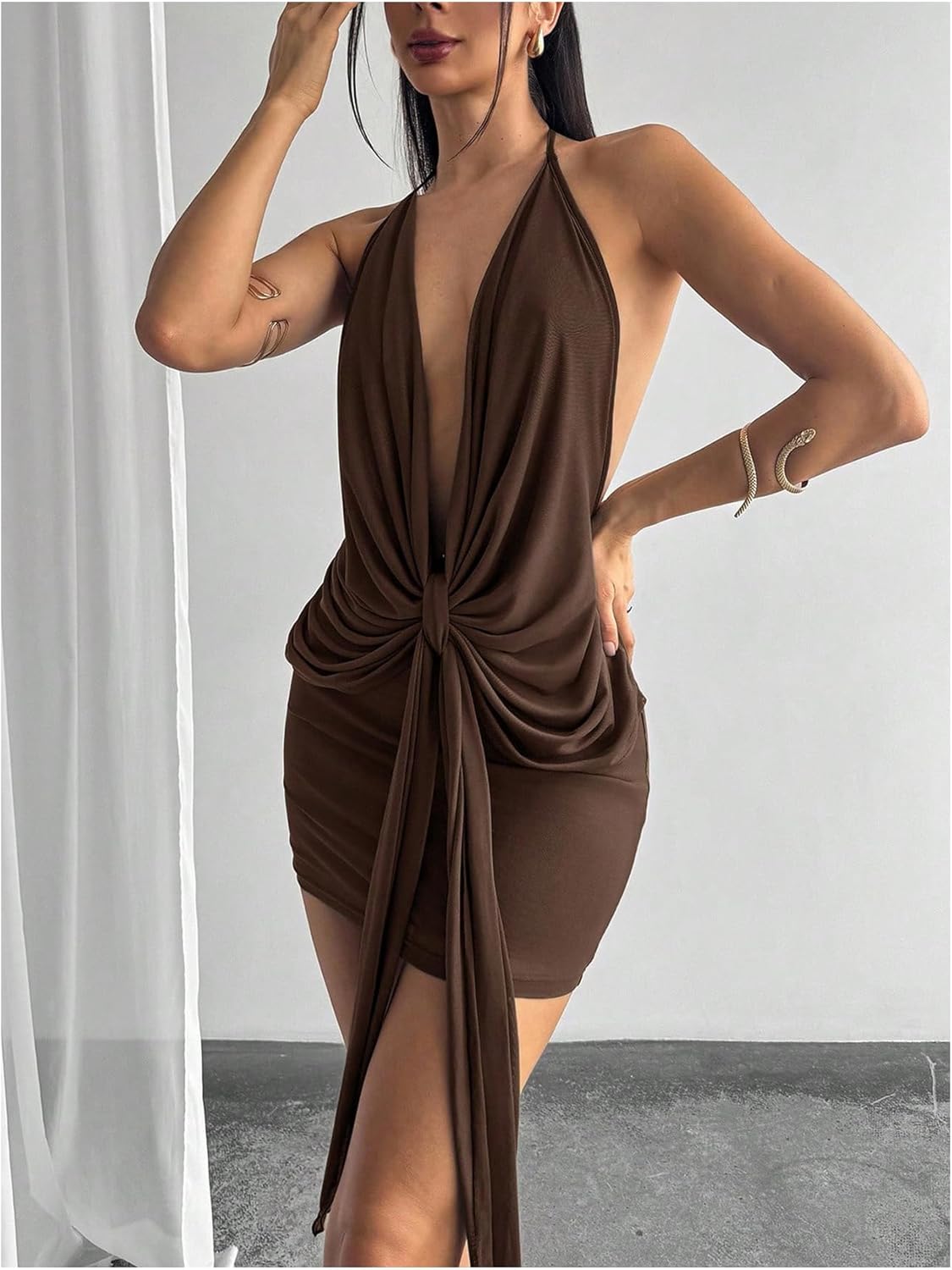 SOLY HUX Women's Sexy Open Back Halter Mini Dress Deep V Neck Draped Sleeveless Backless Party Club Going Out Dresses - Image 5