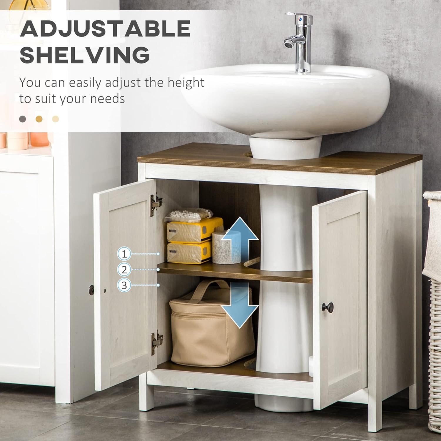 kleankin Modern Bathroom Sink Cabinet, Floor Standing Under Sink Cabinet, Freestanding Storage Cupboard with Adjustable Shelf, Double Doors, Antique White