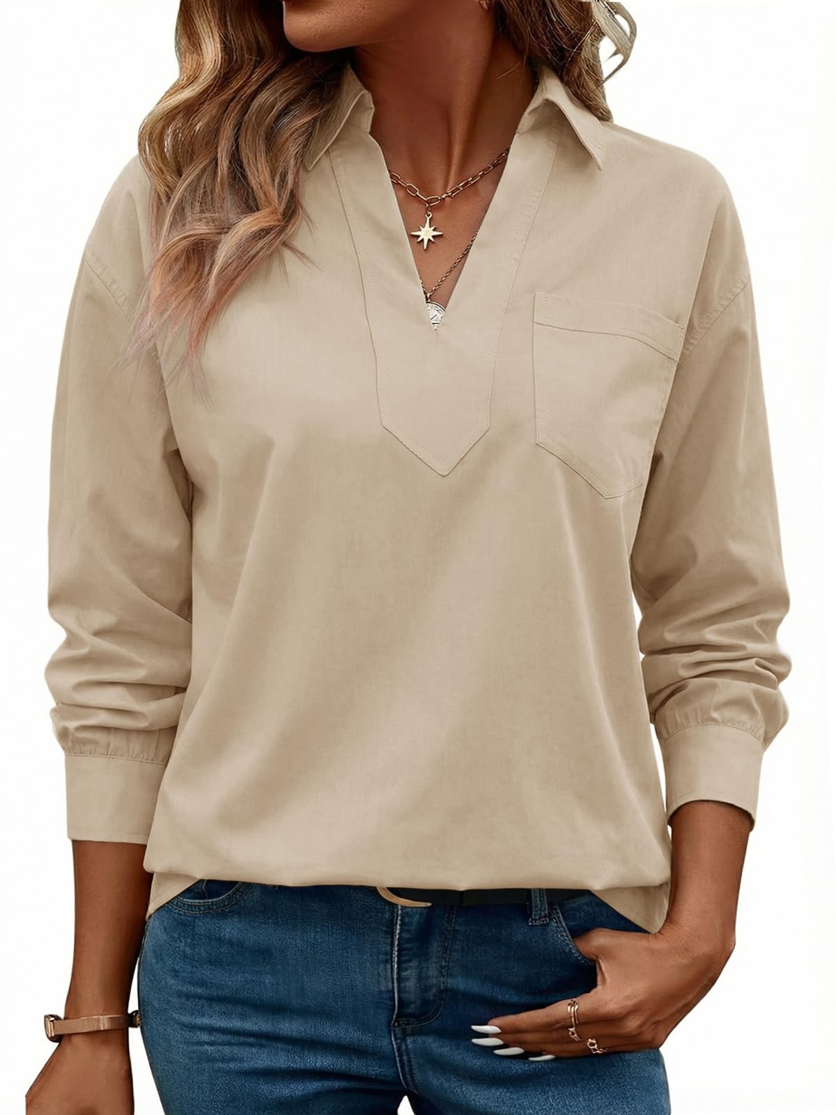 Cicy Bell Langarmshirt Damen V-Ausschnitt Bluse Einfarbig Elegant Oberteile Tunika Lässig Oversized Blusenshirt mit Brusttasche Casual Tops