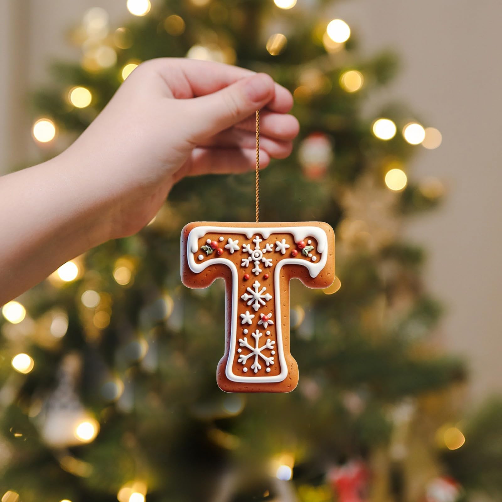 Corlidea A-Z 26 Gingerbread Alphabet Ornaments for Christmas Tree Decorations, Candy Cane Initial Letter Xmas Pendant with Berries Pattern, Christmas Tree Hanging Ornaments DIY for Home Party Decor