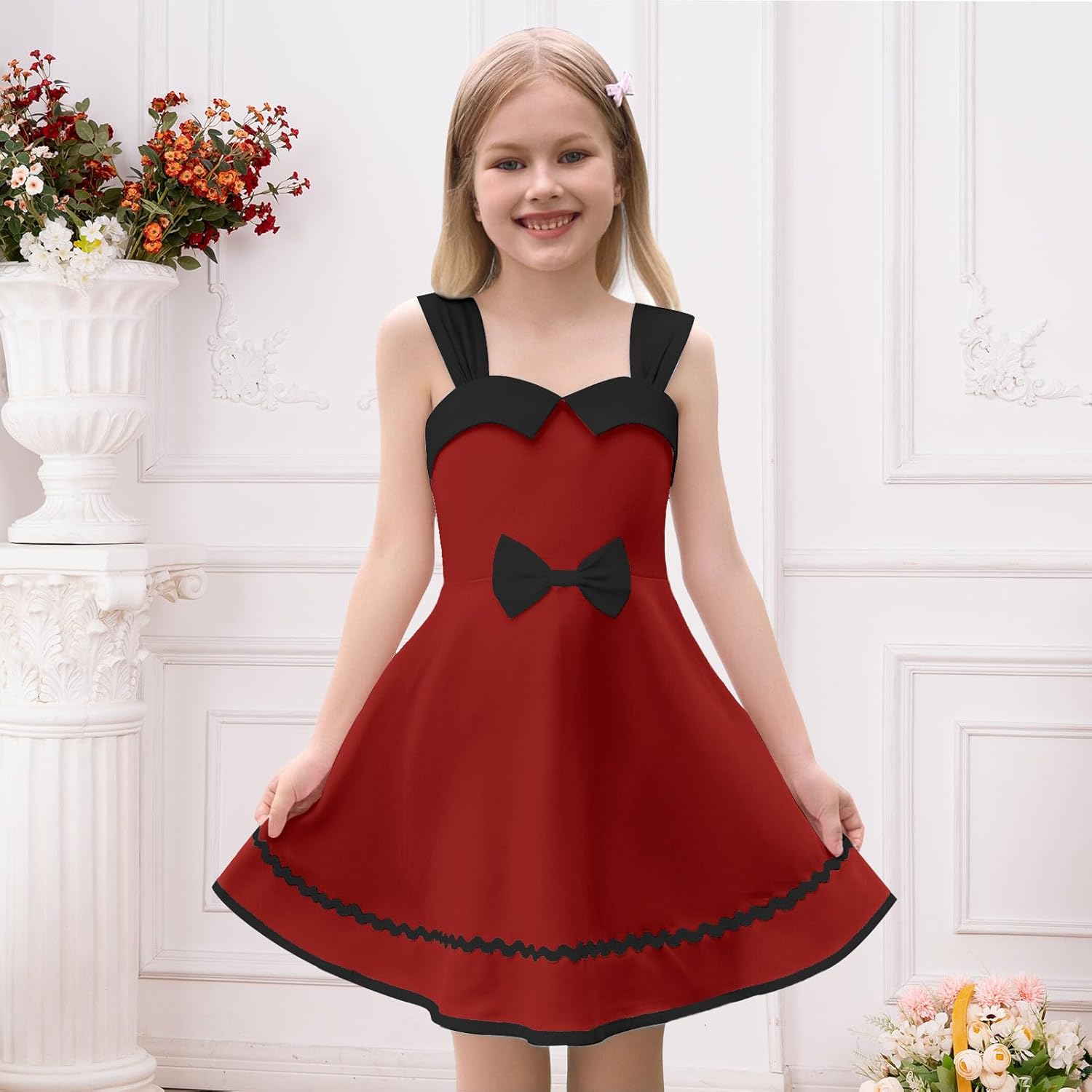 Kids 50s Vintage Dresses for Girls 1950s Outfits Retro Sleeveless Bowknot Strap 50's Audrey Hepburn Rockabilly Swing Dress - Image 2