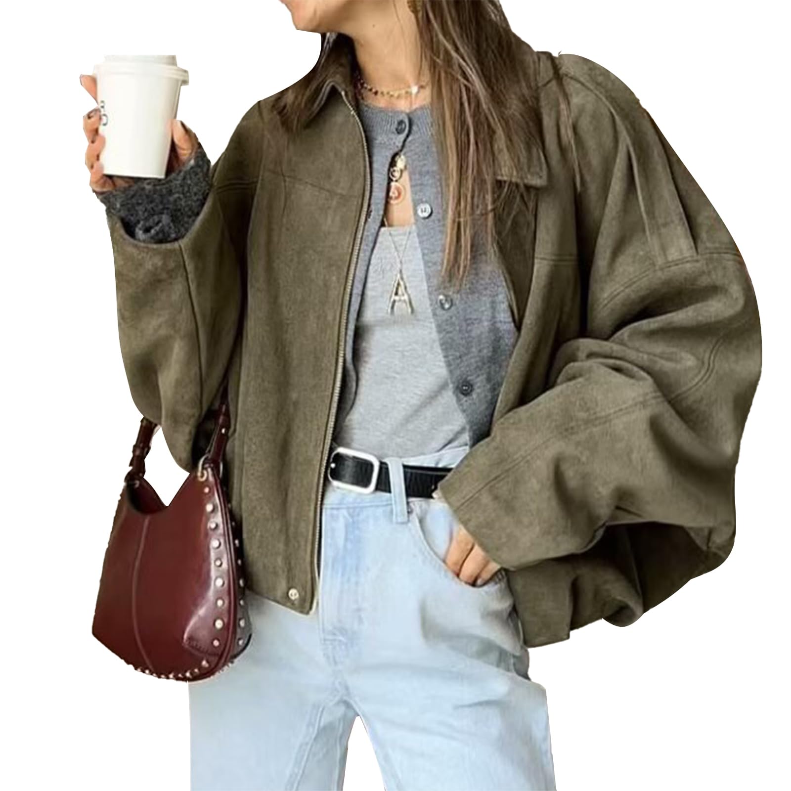 LLECDASEUI Women's Faux Suede Bomber Jacket Zipper Pilot Coat Casual Lapel Oversized Long Sleeves Y2K Outerwear Coats (M,Army Green)
