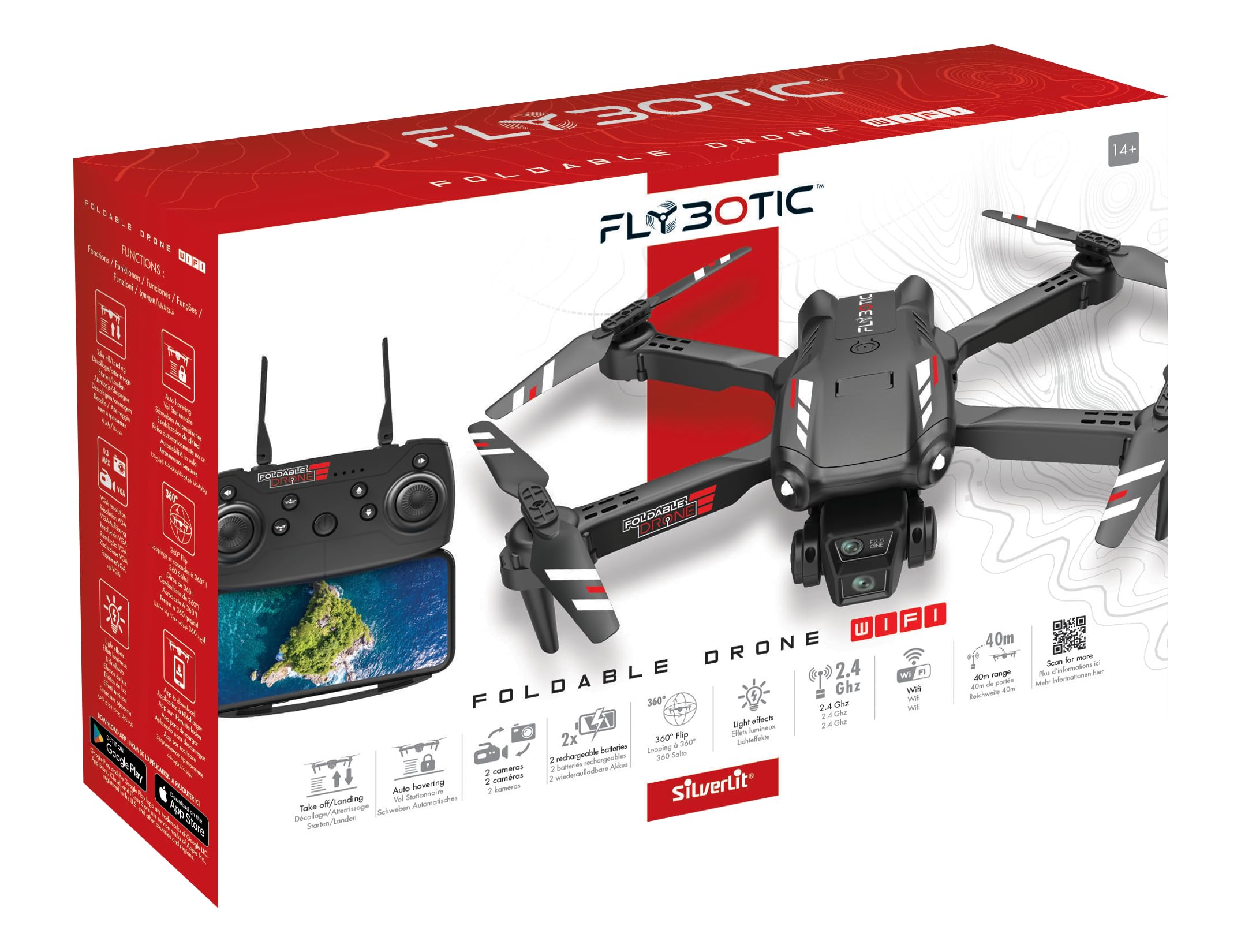 Flybotic – Drone Foldable WiFi – Drone Plegable con Cámara y Video en Directo – Despegue y Aterrizaje Automáticos – Vuelo Estacionario – RC Principiante Niño/Adolescente