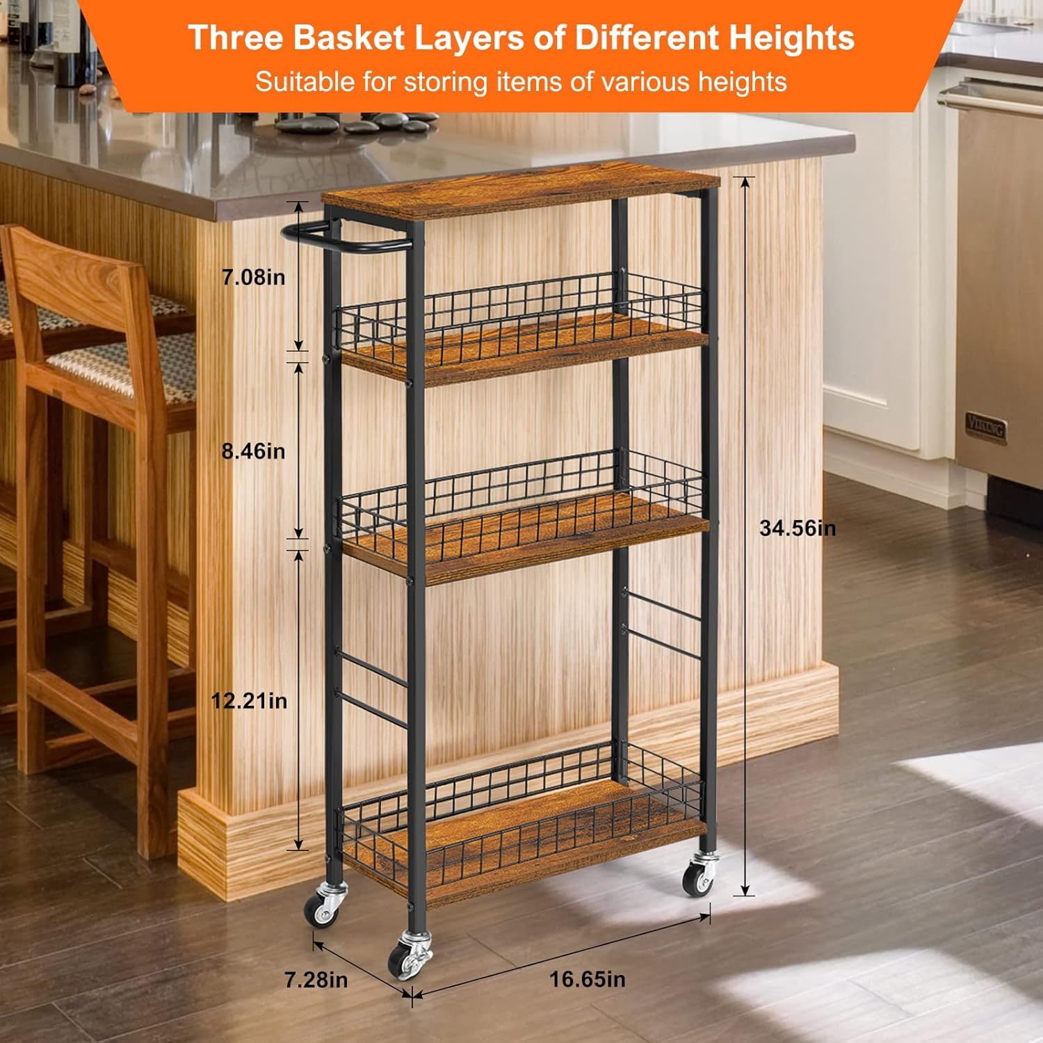 CADUKE Carrito de Almacenamiento Delgado de 4 Niveles, Carrito de Cocina Estrecho con Ruedas, Carrito de Servicio con Mesa de Madera, Unidad de estantería móvil, Organizador de Almacenamiento
