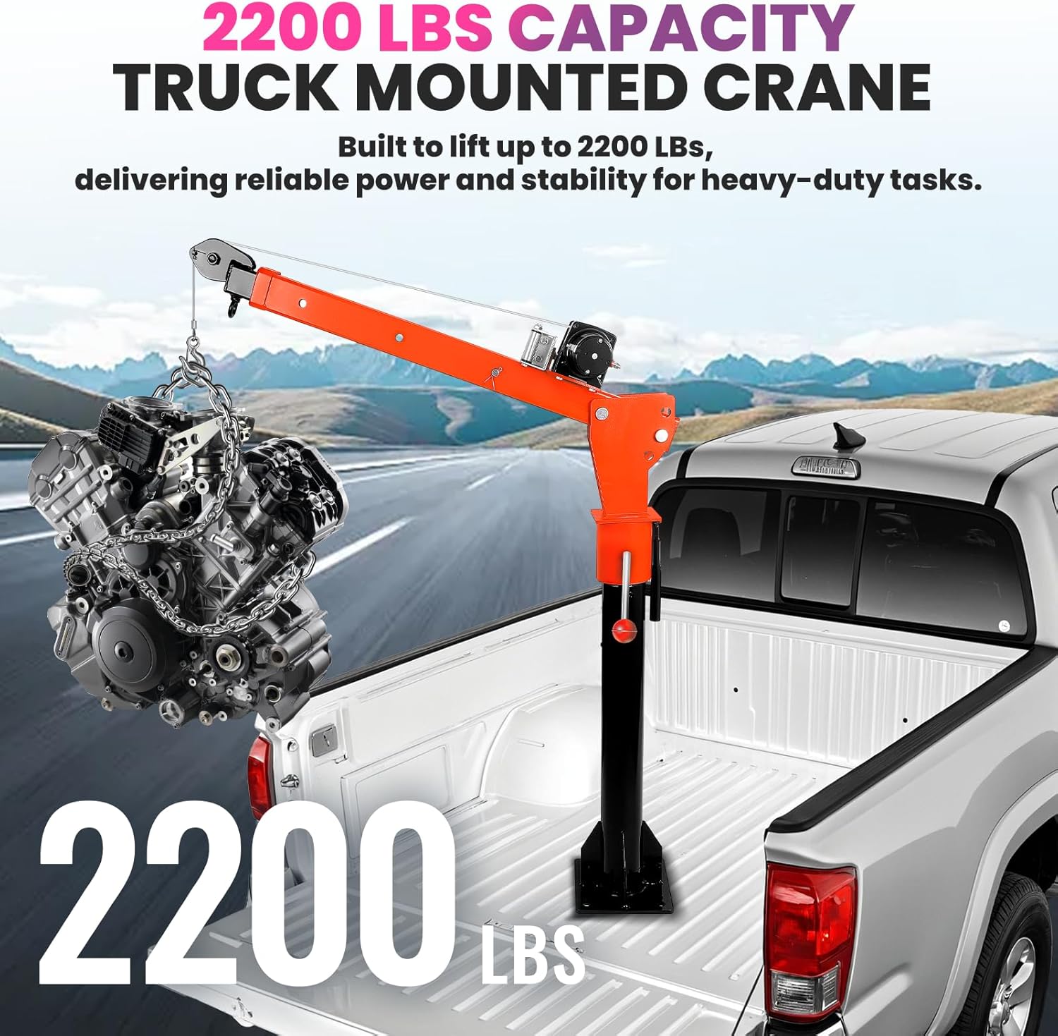 2200 Max Capacity Truck Crane with 5000 LBS 12V Electric Winch, Commercial Grade 360° Rotating Truck Bed Crane with 3-Position Adjustable Boom, Crane for Auto Repair, Construction Sites & Farm
