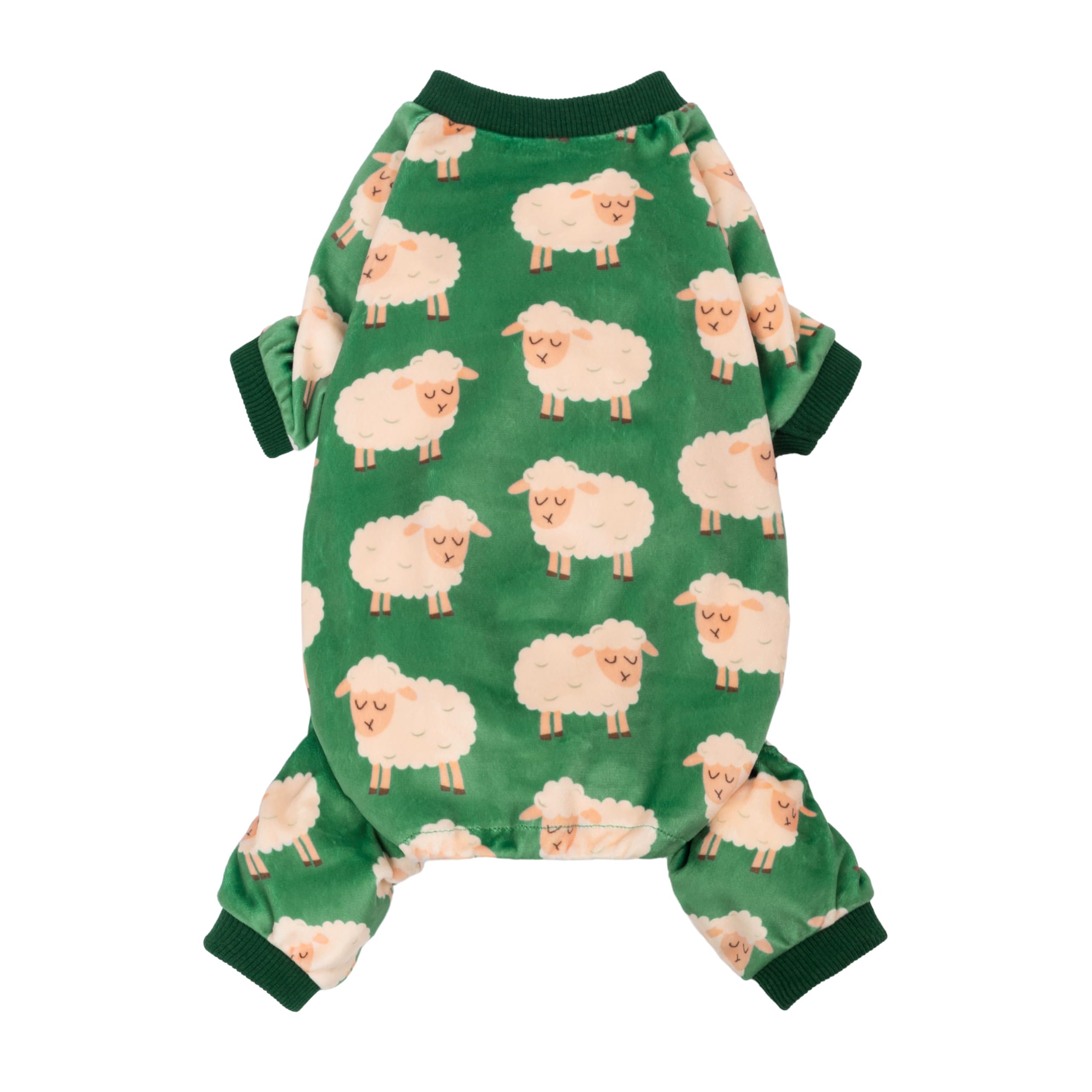 Fitwarm Sheep Pajamas in white with green trim, on a small dog indoors | Mubboo