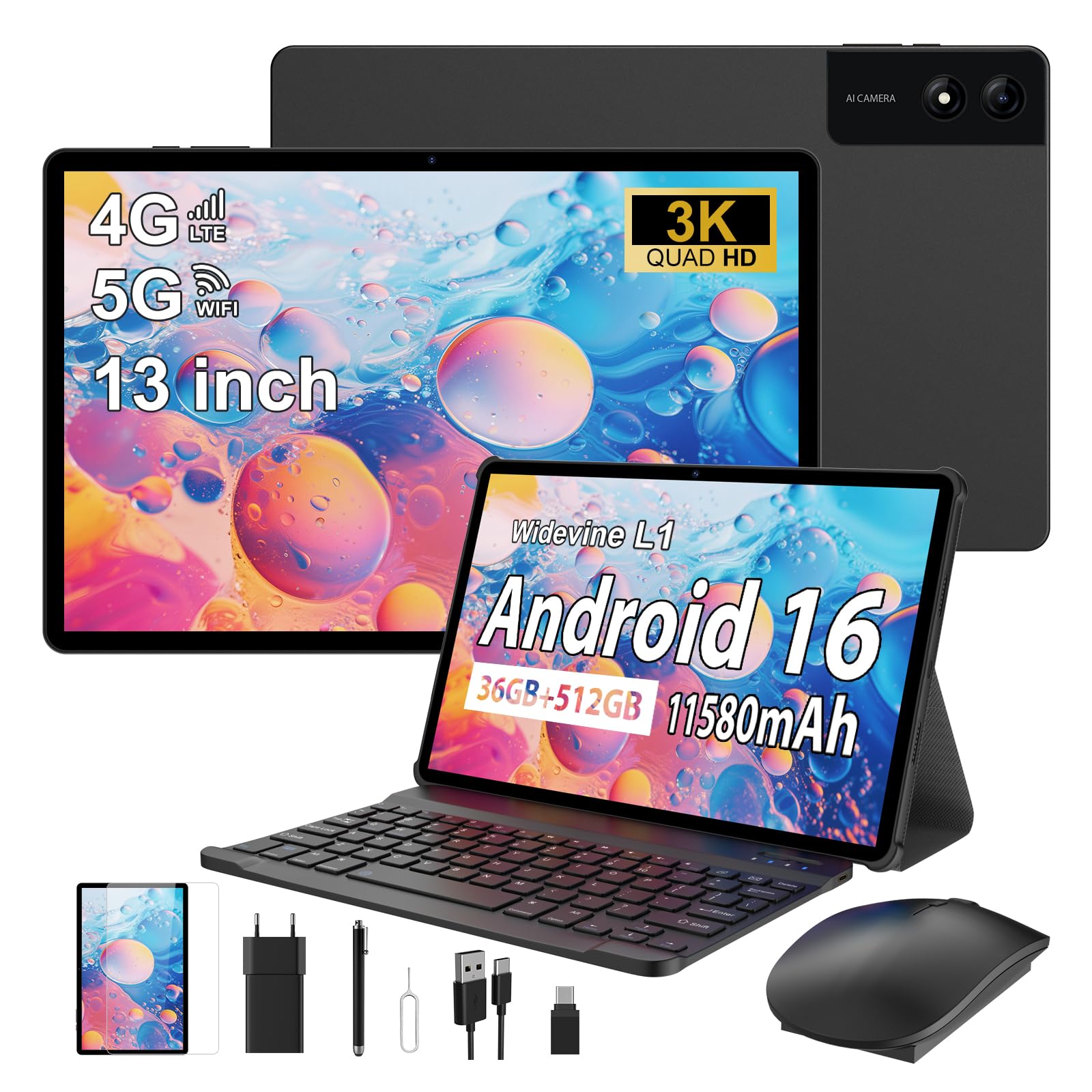 3K Tablet 13 Pollici Android 16 con 36GB RAM+512GB ROM(TF 2TB), 4G LTE & 5G WiFi,11580mAh/Octa Core/Gemini AI/13MP+8MP/18W/90Hz/GPS/Widevine L1/BT 5.0, Tablet con Tastiera, Nero