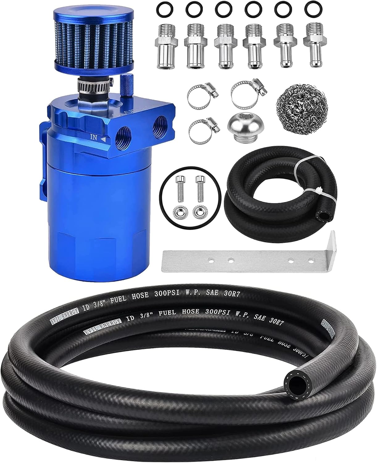 EVIL ENERGY Baffled Oil Catch Can with Breather Filter 300ML Blue Bundle with 3/8 Fuel Hose Line NBR Rubber 5FT 300PSI SAE 30R7