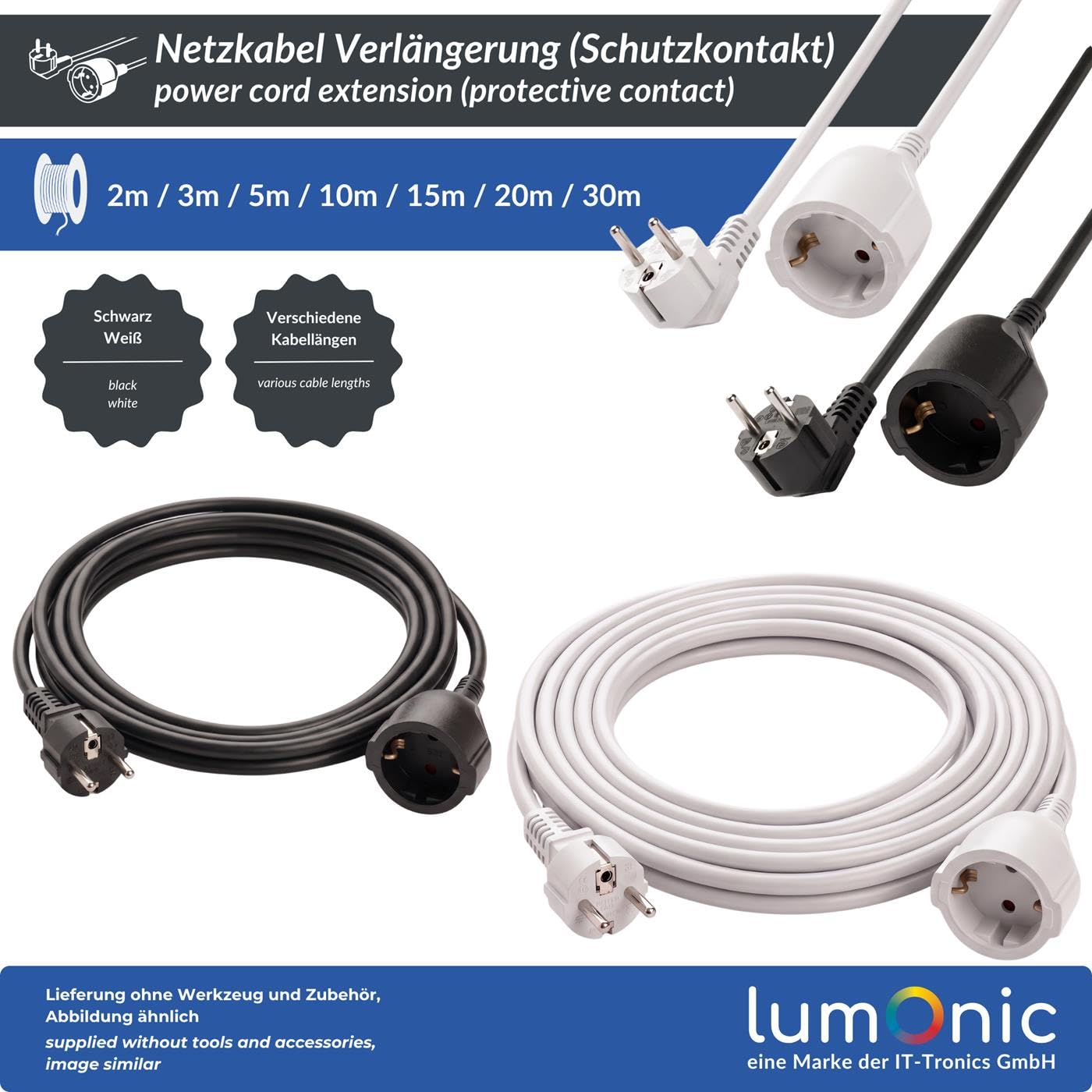 Lumonic Schuko Verlängerungskabel Weiß, 30 m, 230 V - Kindersicherung in der Buchse, für Waschmaschine und Geschirrspüler, Knickschutz am Stecker