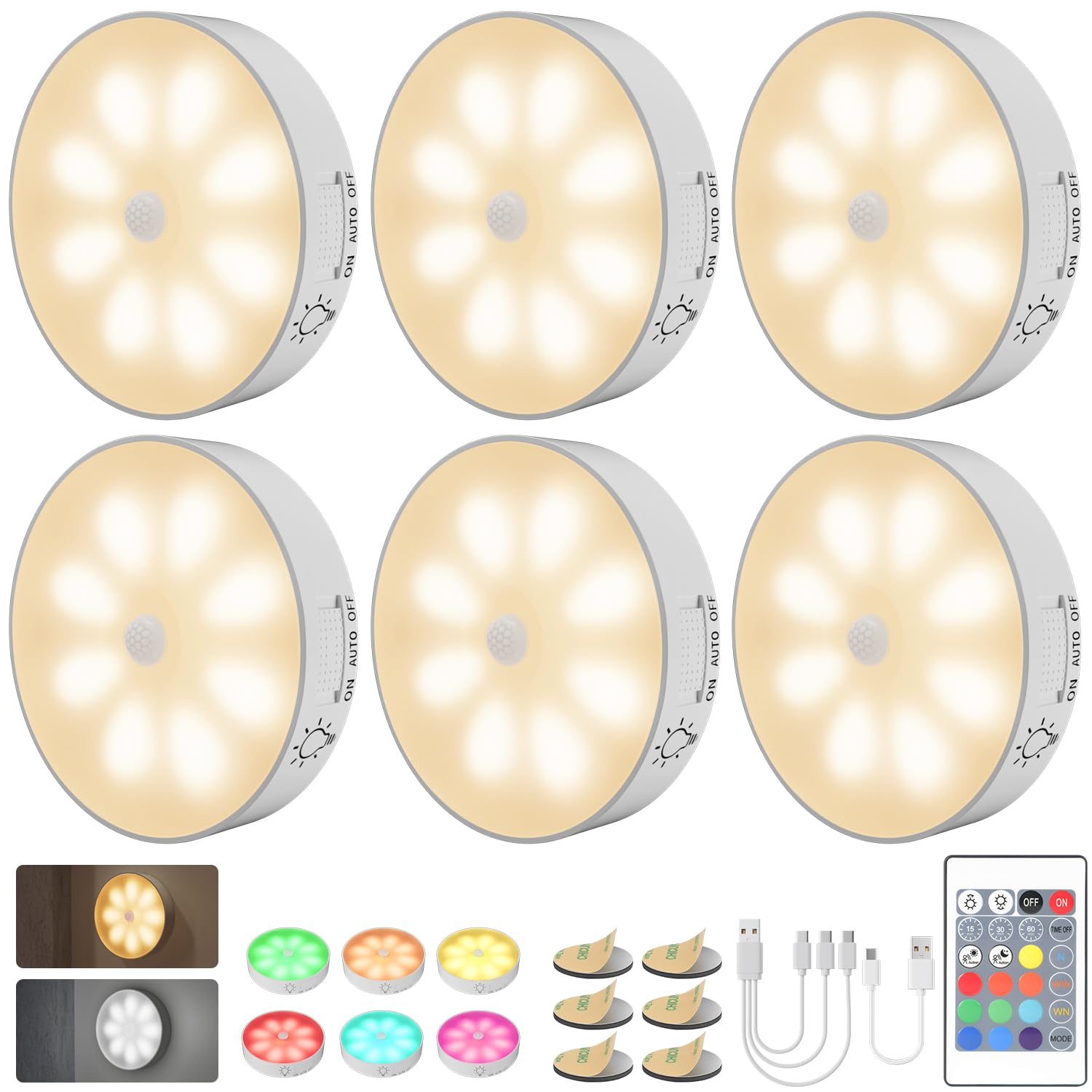 Electight 16 LEDs RGB Motion Sensor Lights with Remote, 6 PCS Cordless Night Light, 13 Colour 3 Modes, Magnetic Adhesive, 1000mAh Rechargeable Battery, for Indoor, Wardrobe,Cabinet,Stair,Hallway