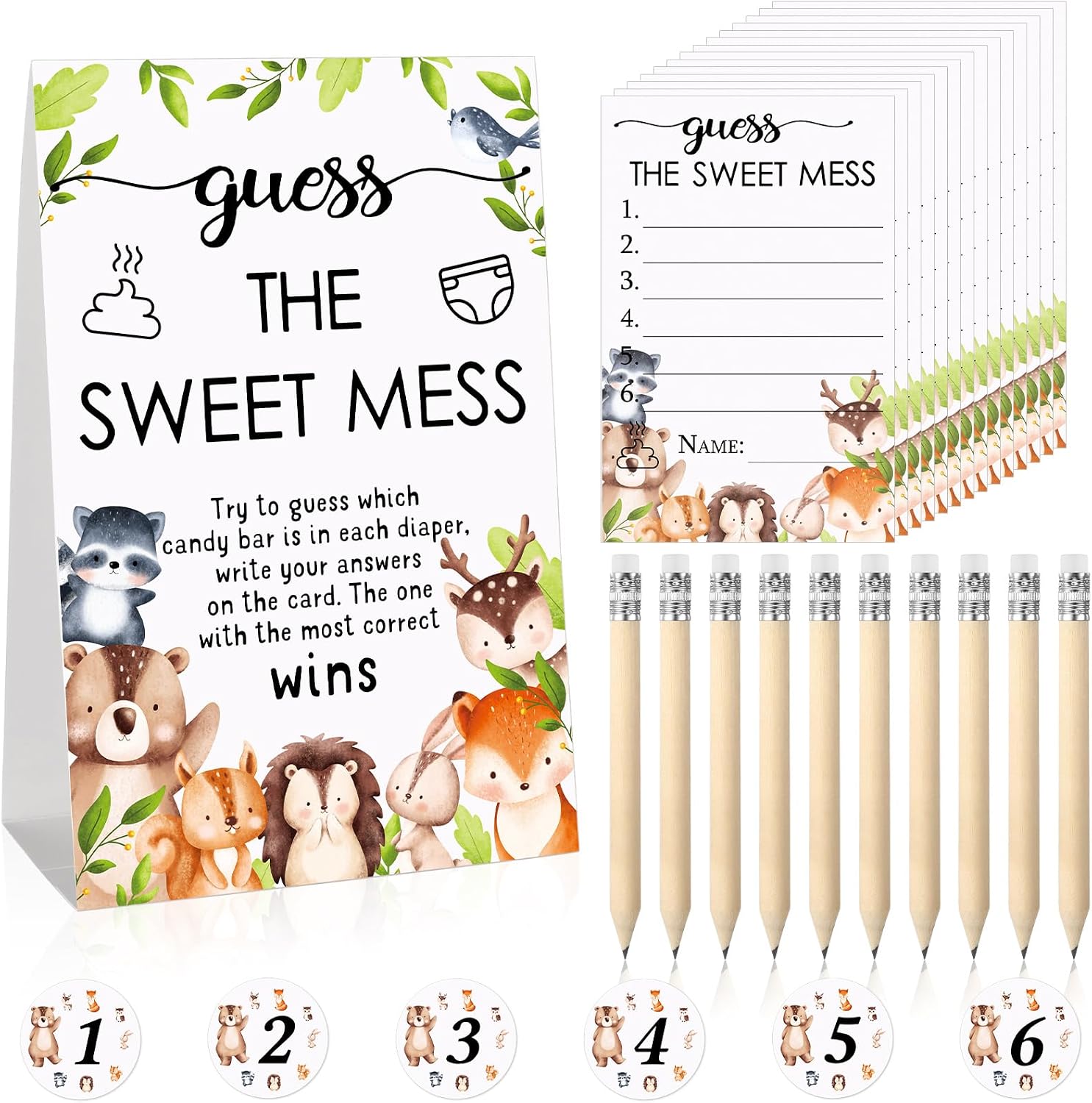 67 Pcs Guess The Sweet Mess Dirty Diaper Baby Shower Game Includes Guess The Sweet Mess Sign 50 Small Cards 10 Pencils and 6 Number Stickers for Baby Shower Game Gender Reveal Party(Woodland Animal)