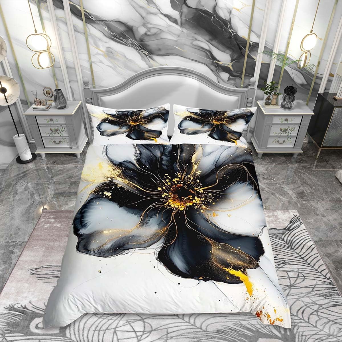 Homemissing Black Modern Marble Aesthetic Duvet Cover Set Single Size Boys Girls Retro Watercolor Artwork Design Bedding Set Breathable Soft Abstract Blossom Flowers Duvet Cover 2Pcs Bedroom Decor — image 1
